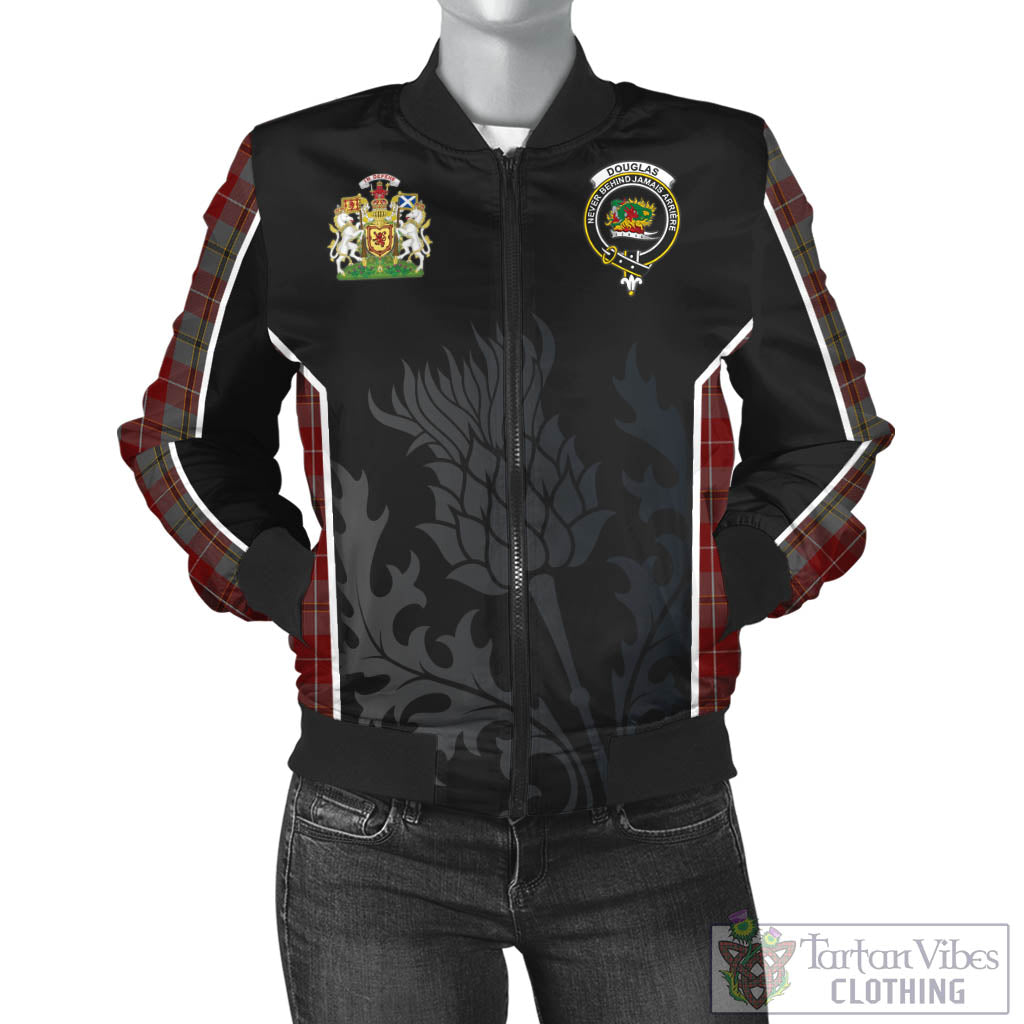 Tartan Vibes Clothing Douglas Ancient Red Tartan Bomber Jacket with Family Crest and Scottish Thistle Vibes Sport Style