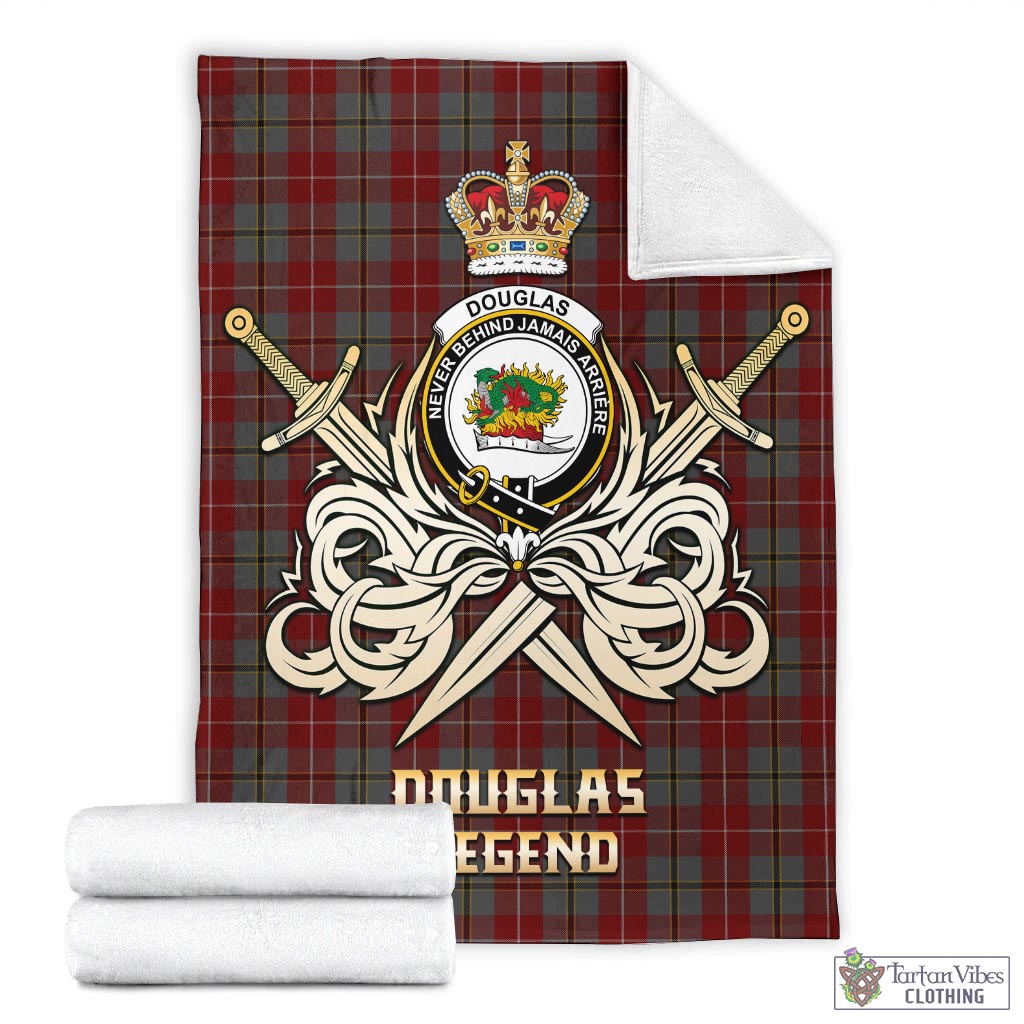 Tartan Vibes Clothing Douglas Ancient Red Tartan Blanket with Clan Crest and the Golden Sword of Courageous Legacy