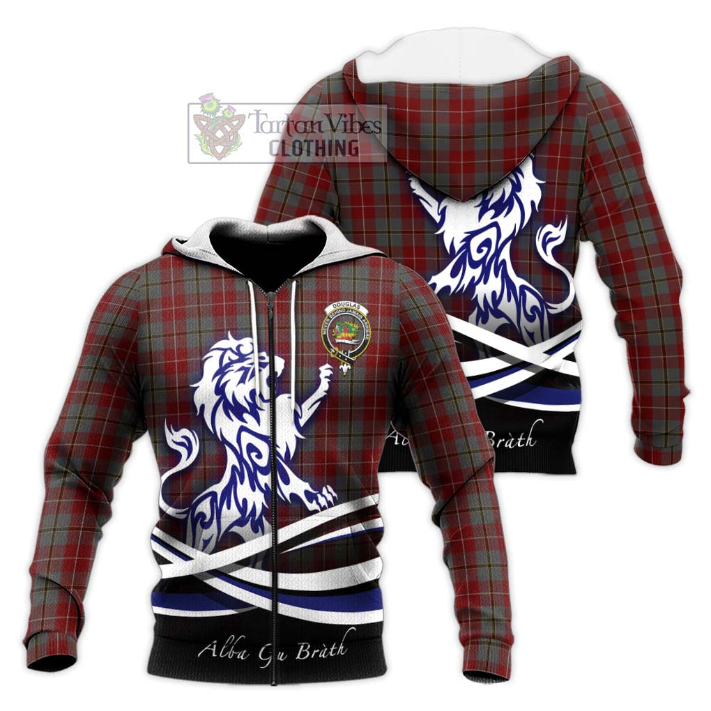 Douglas Ancient Red Tartan Knitted Hoodie with Alba Gu Brath Regal Lion Emblem Unisex Knitted Zip Hoodie - Tartanvibesclothing Shop