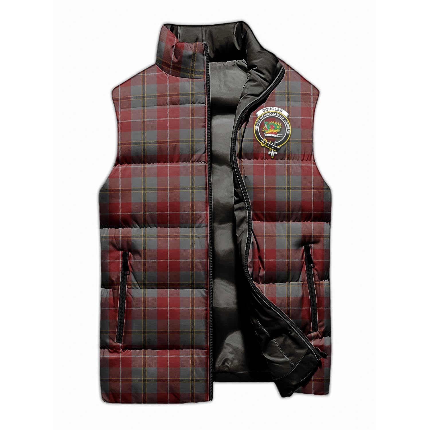 Douglas Ancient Red Tartan Sleeveless Puffer Jacket with Family Crest - Tartanvibesclothing