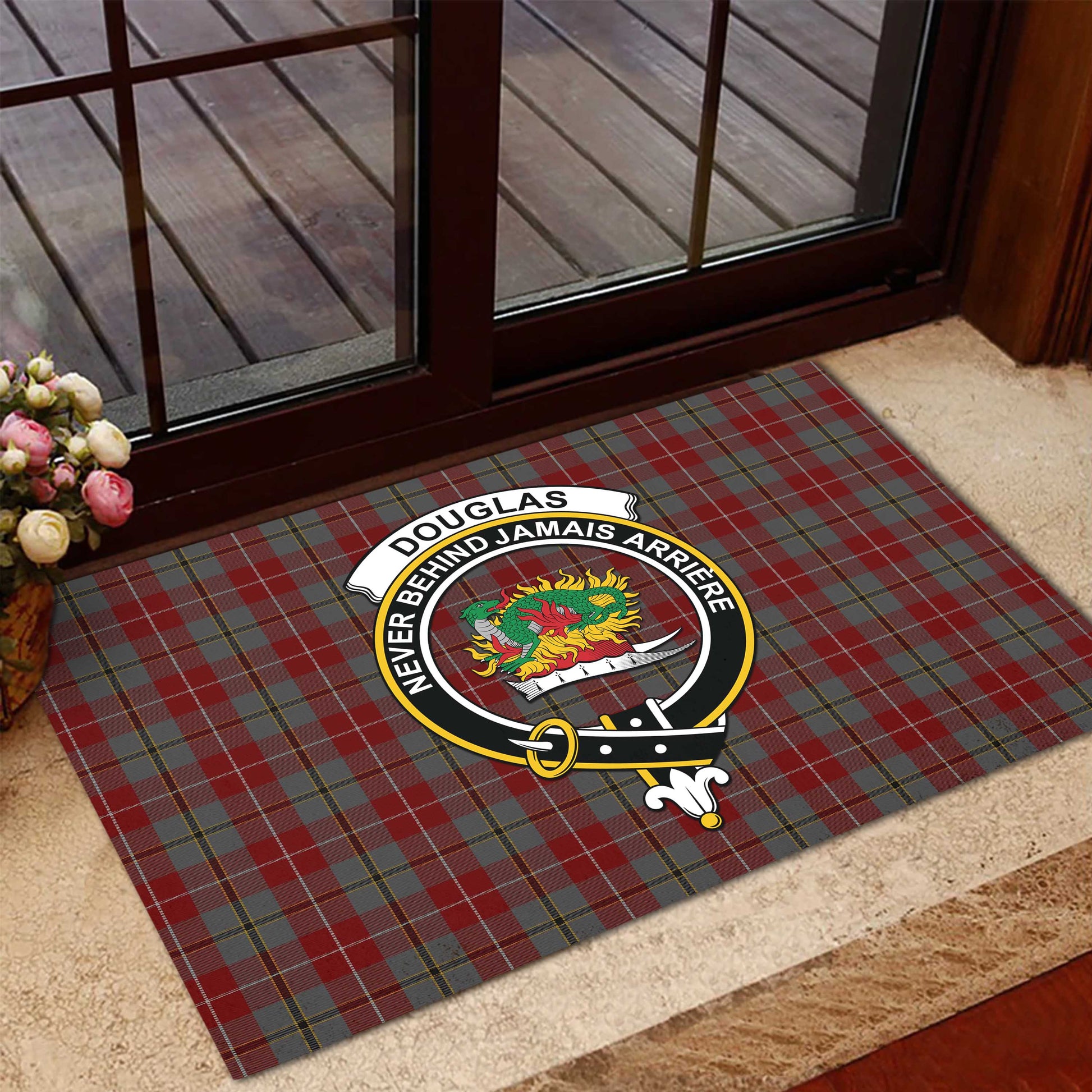 Douglas Ancient Red Tartan Door Mat with Family Crest - Tartanvibesclothing