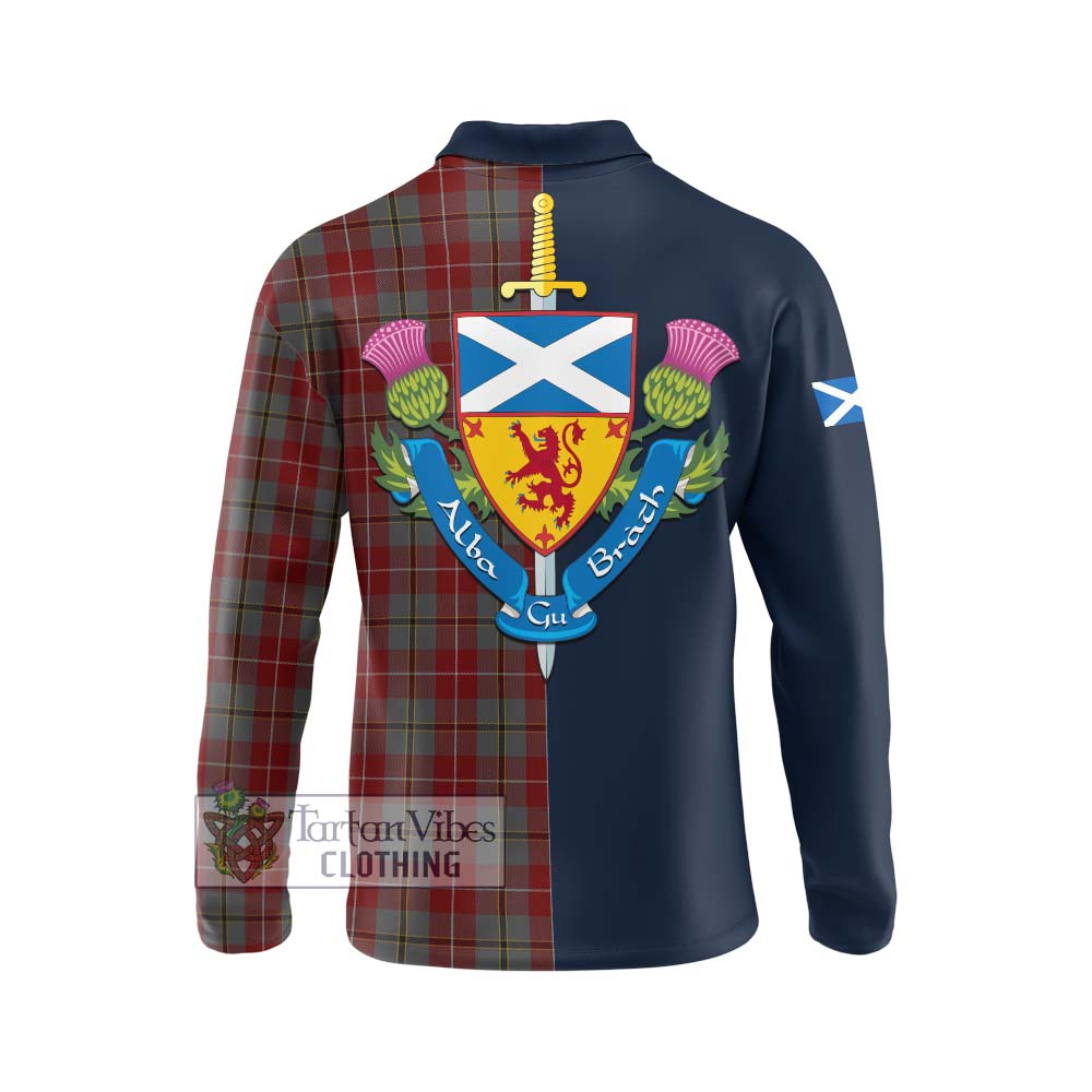 Tartan Vibes Clothing Douglas Ancient Red Tartan Long Sleeve Polo Shirt with Scottish Lion Royal Arm Half Style