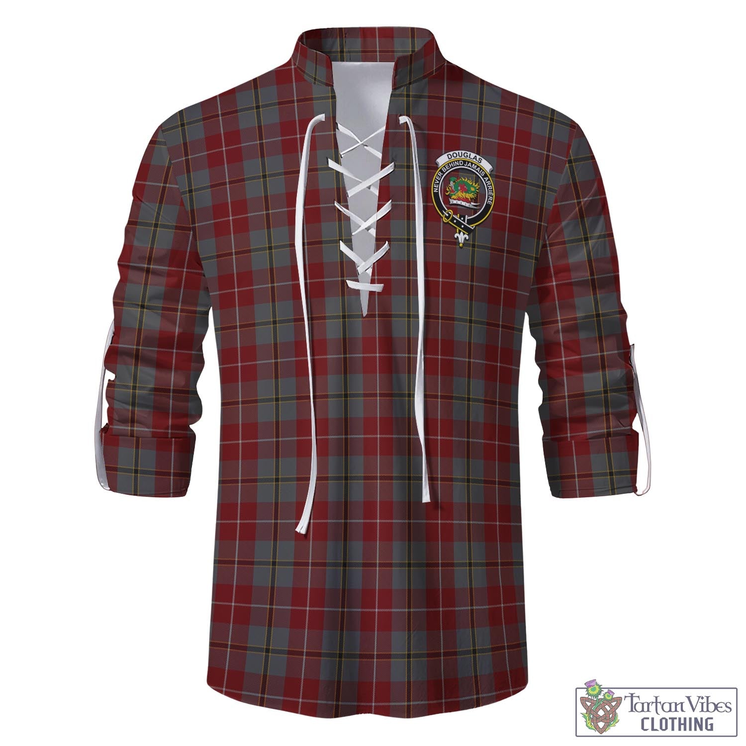 Tartan Vibes Clothing Douglas Ancient Red Tartan Men's Scottish Traditional Jacobite Ghillie Kilt Shirt with Family Crest