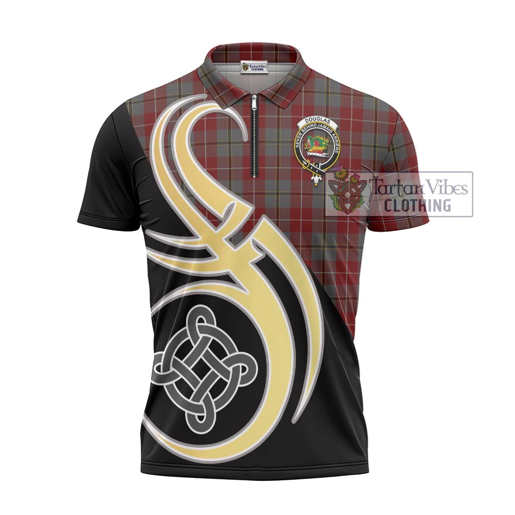 Tartan Vibes Clothing Douglas Ancient Red Tartan Zipper Polo Shirt with Family Crest and Celtic Symbol Style