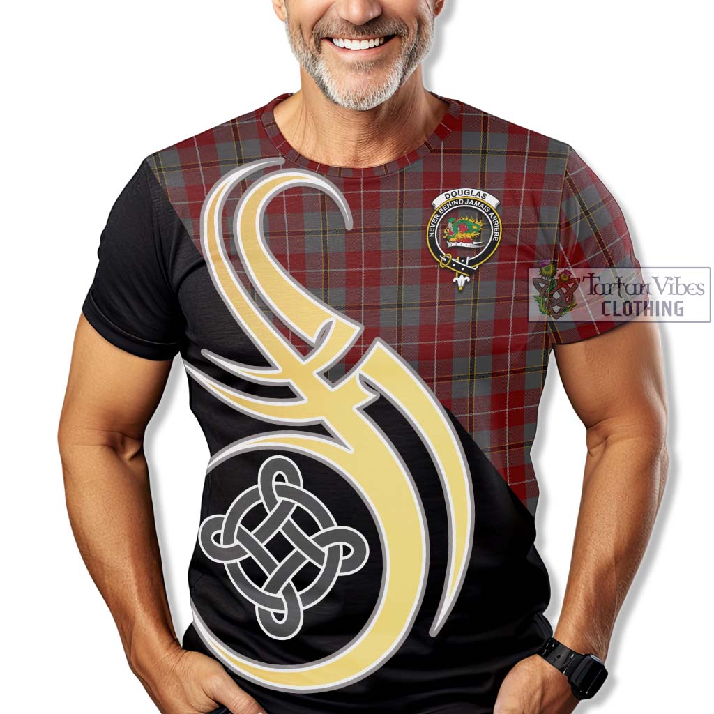 Tartan Vibes Clothing Douglas Ancient Red Tartan T-Shirt with Family Crest and Celtic Symbol Style