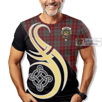 Douglas Ancient Red Tartan T-Shirt with Family Crest and Celtic Symbol Style