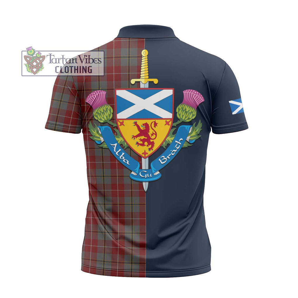 Tartan Vibes Clothing Douglas Ancient Red Tartan Zipper Polo Shirt with Scottish Lion Royal Arm Half Style