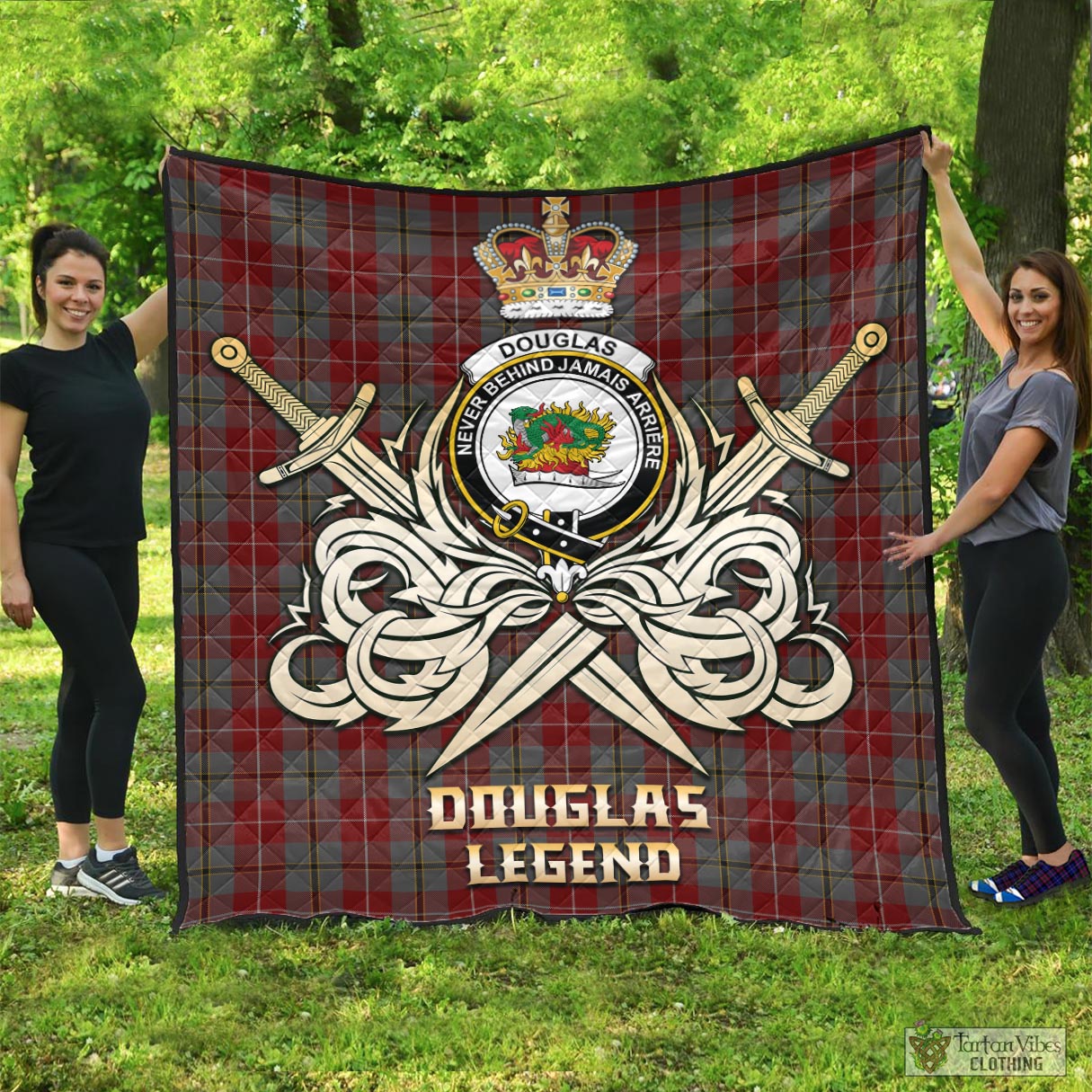 Tartan Vibes Clothing Douglas Ancient Red Tartan Quilt with Clan Crest and the Golden Sword of Courageous Legacy