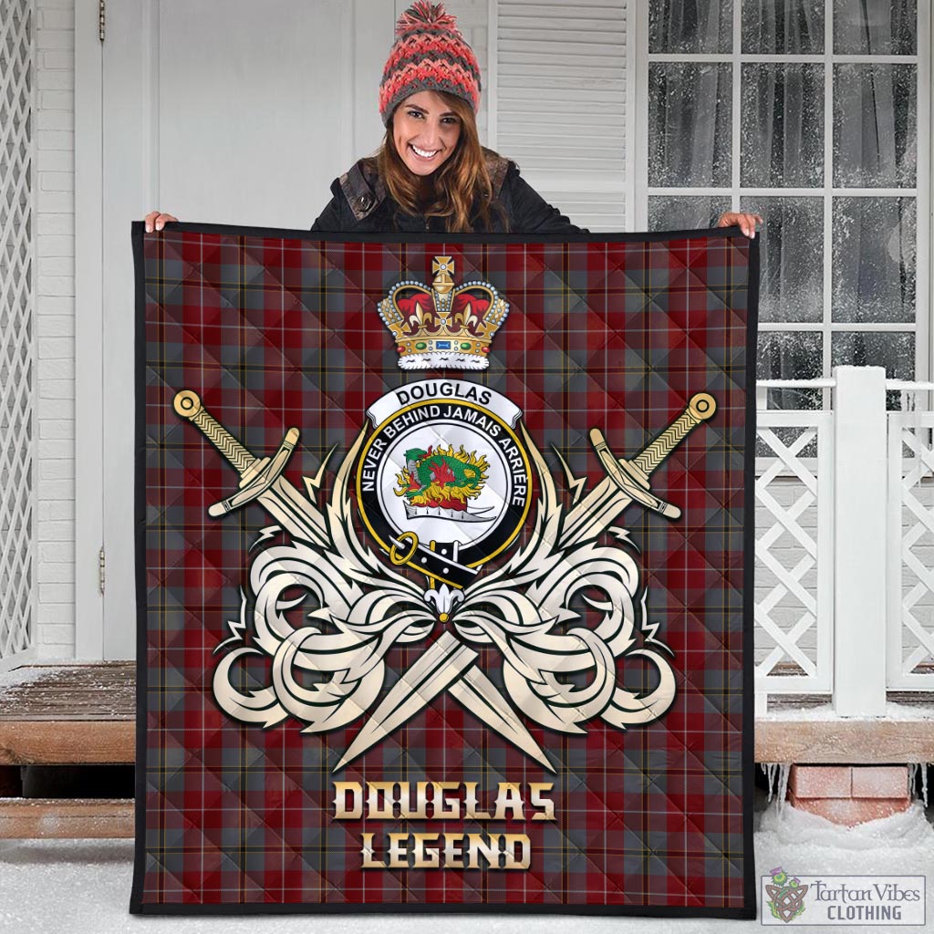 Tartan Vibes Clothing Douglas Ancient Red Tartan Quilt with Clan Crest and the Golden Sword of Courageous Legacy