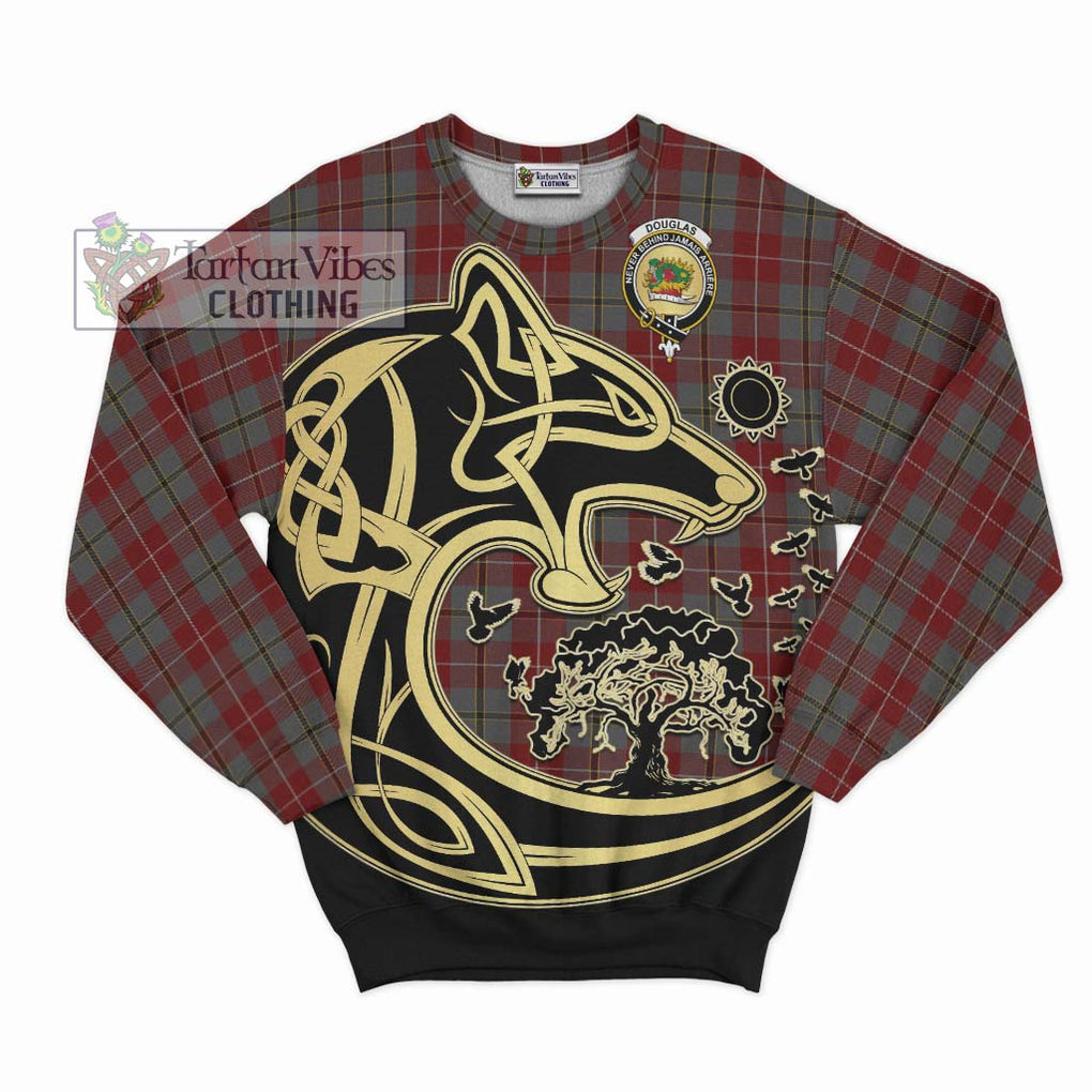 Douglas Ancient Red Tartan Sweatshirt with Family Crest Celtic Wolf Style - Tartan Vibes Clothing