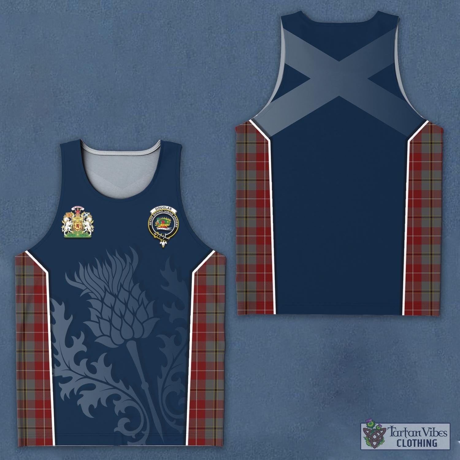 Tartan Vibes Clothing Douglas Ancient Red Tartan Men's Tanks Top with Family Crest and Scottish Thistle Vibes Sport Style