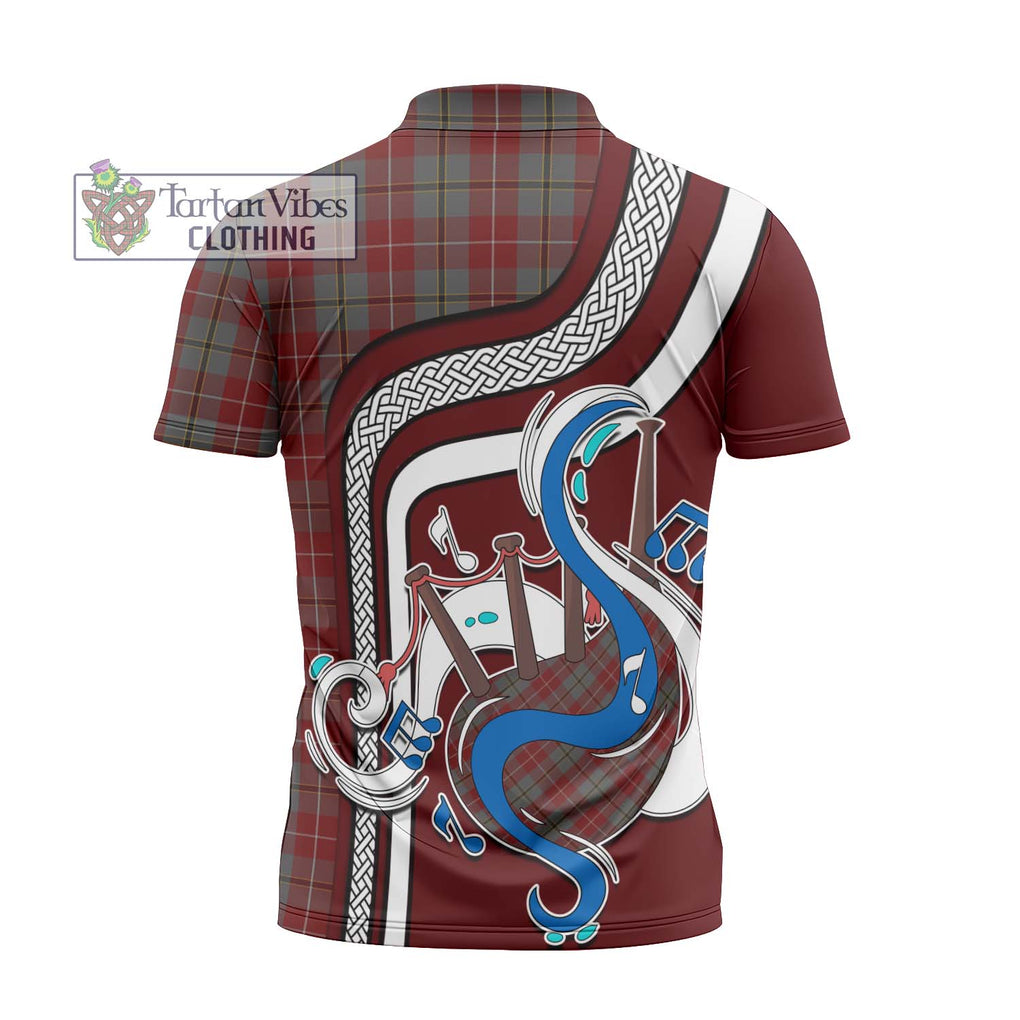 Douglas Ancient Red Tartan Zipper Polo Shirt with Epic Bagpipe Style - Tartanvibesclothing Shop