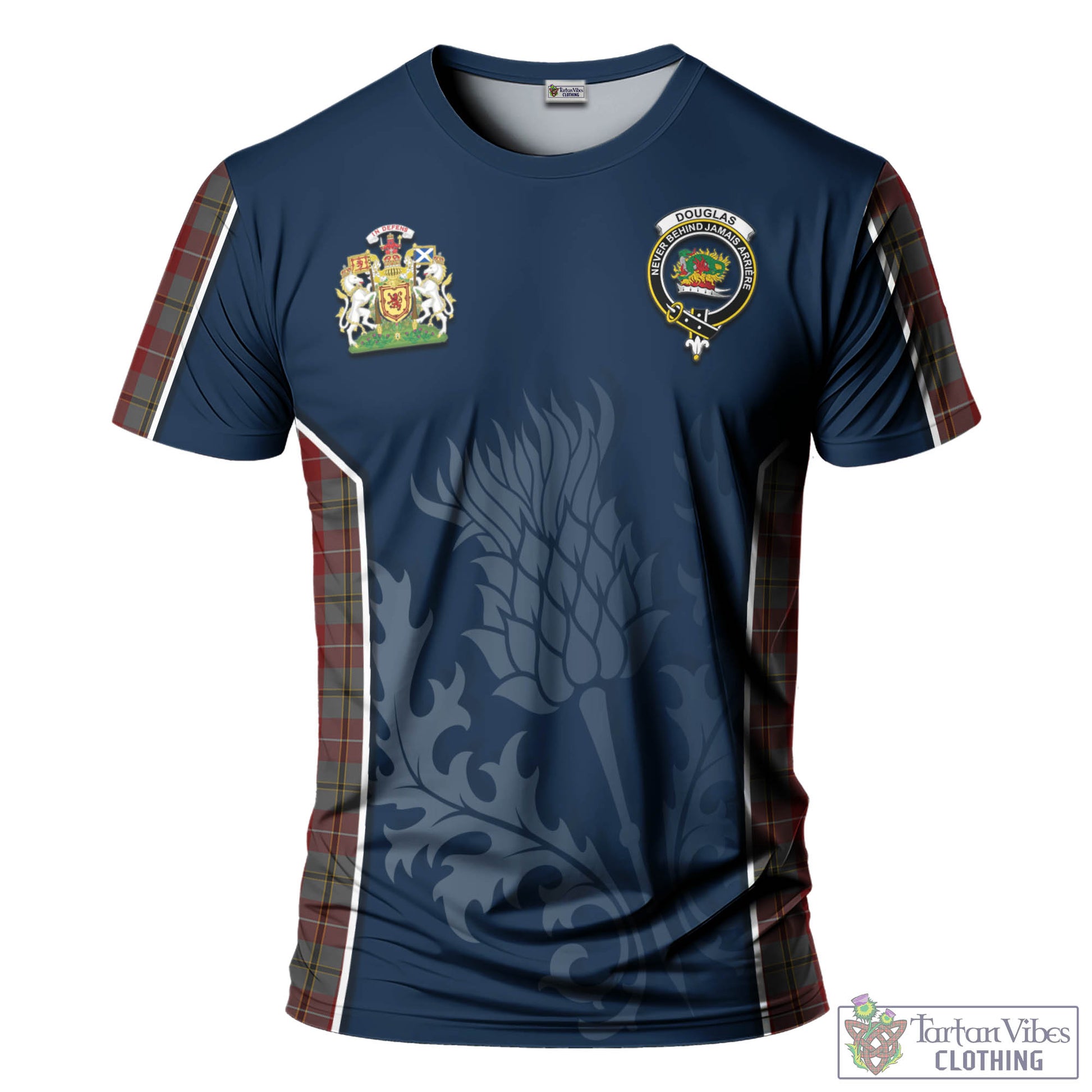 Tartan Vibes Clothing Douglas Ancient Red Tartan T-Shirt with Family Crest and Scottish Thistle Vibes Sport Style