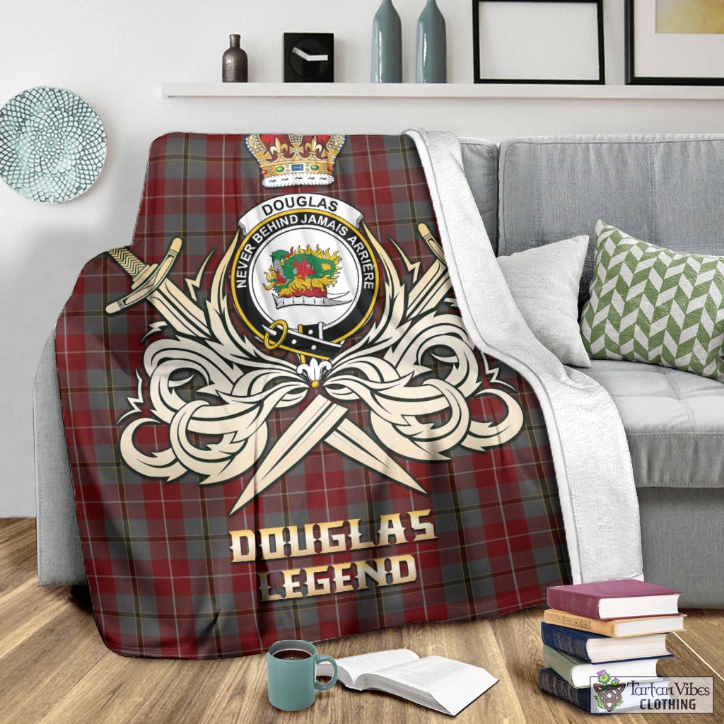 Tartan Vibes Clothing Douglas Ancient Red Tartan Blanket with Clan Crest and the Golden Sword of Courageous Legacy