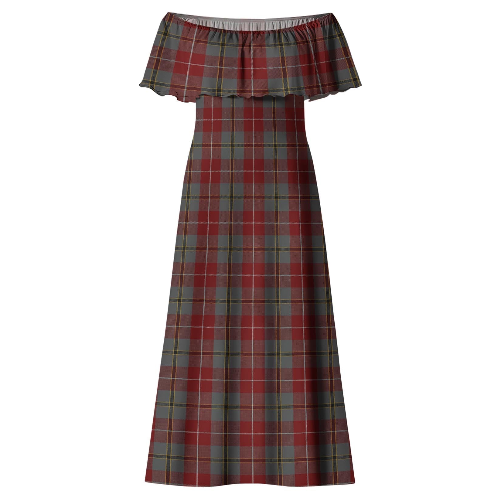 Douglas Ancient Red Tartan Off Shoulder Long Dress - Tartanvibesclothing