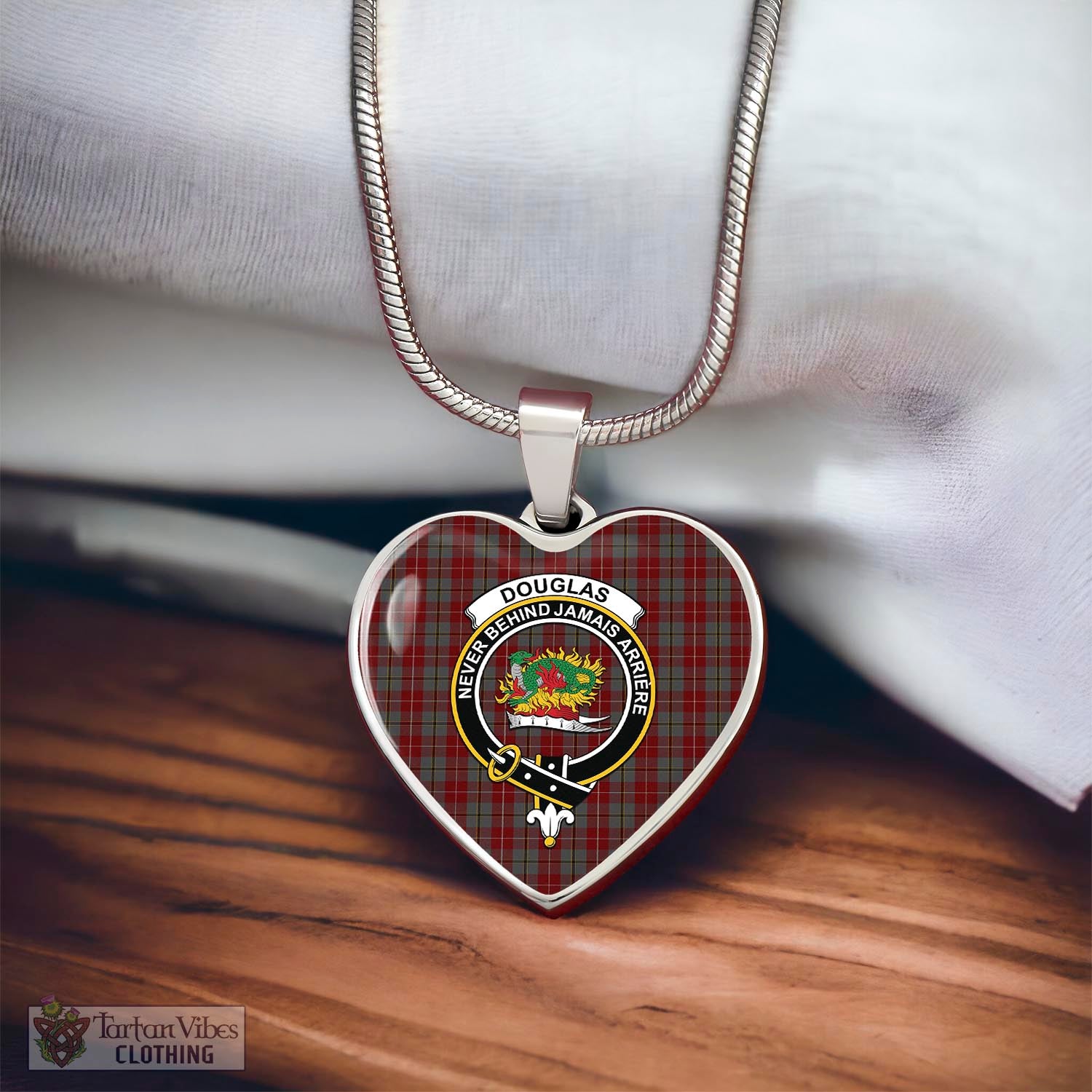 Tartan Vibes Clothing Douglas Ancient Red Tartan Heart Necklace with Family Crest