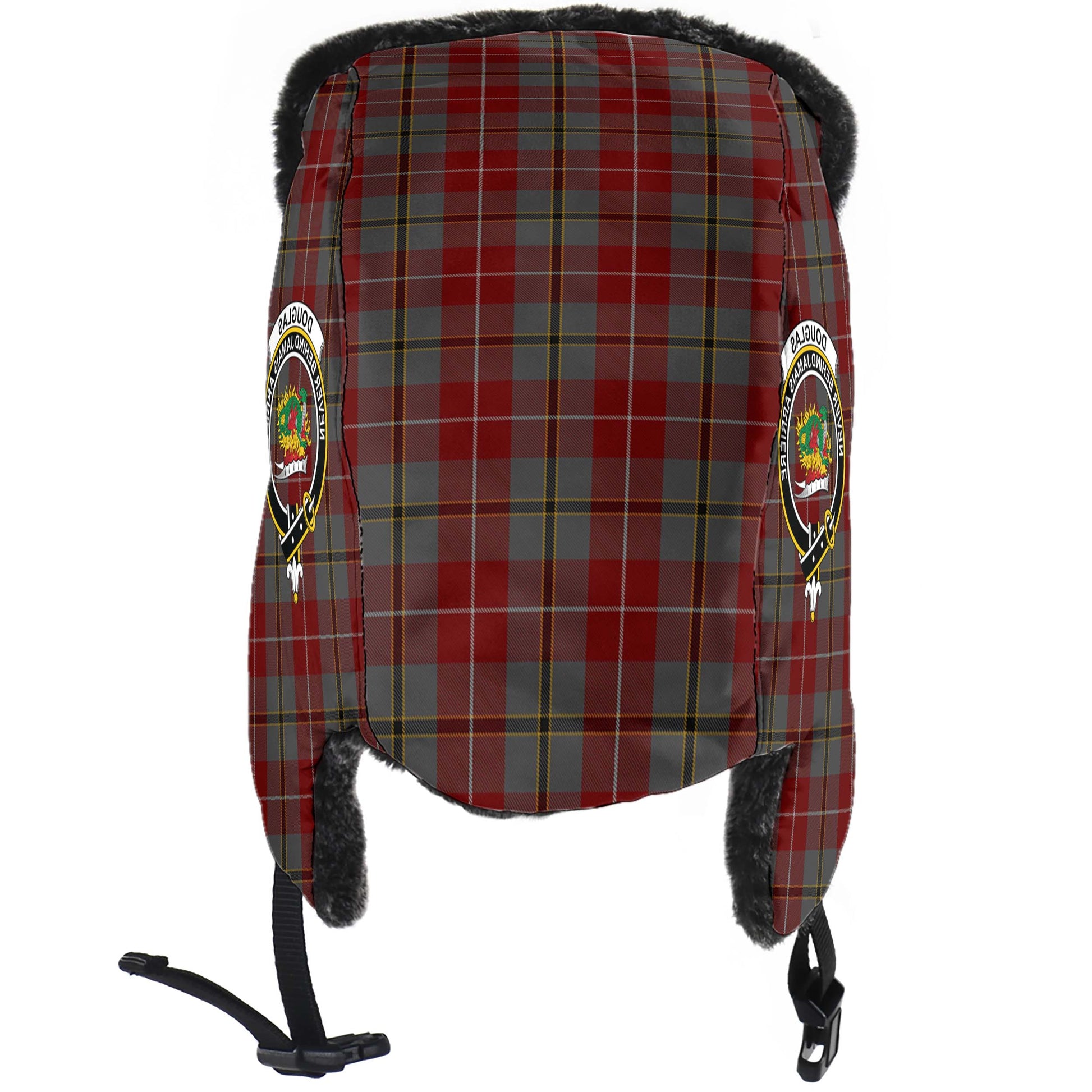 Douglas Ancient Red Tartan Winter Trapper Hat with Family Crest - Tartanvibesclothing