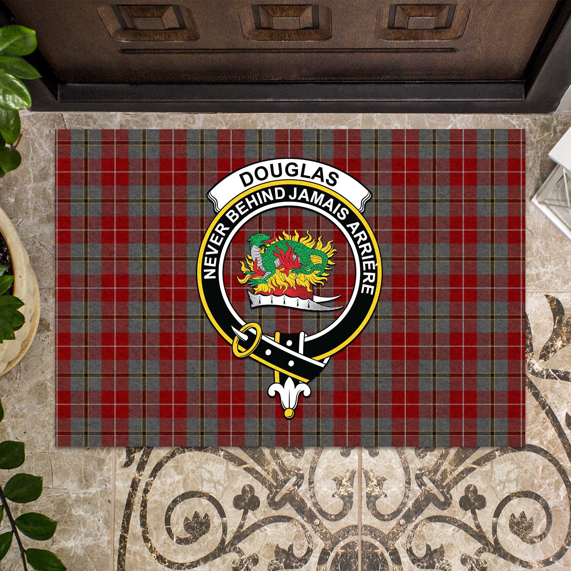 Douglas Ancient Red Tartan Door Mat with Family Crest - Tartanvibesclothing