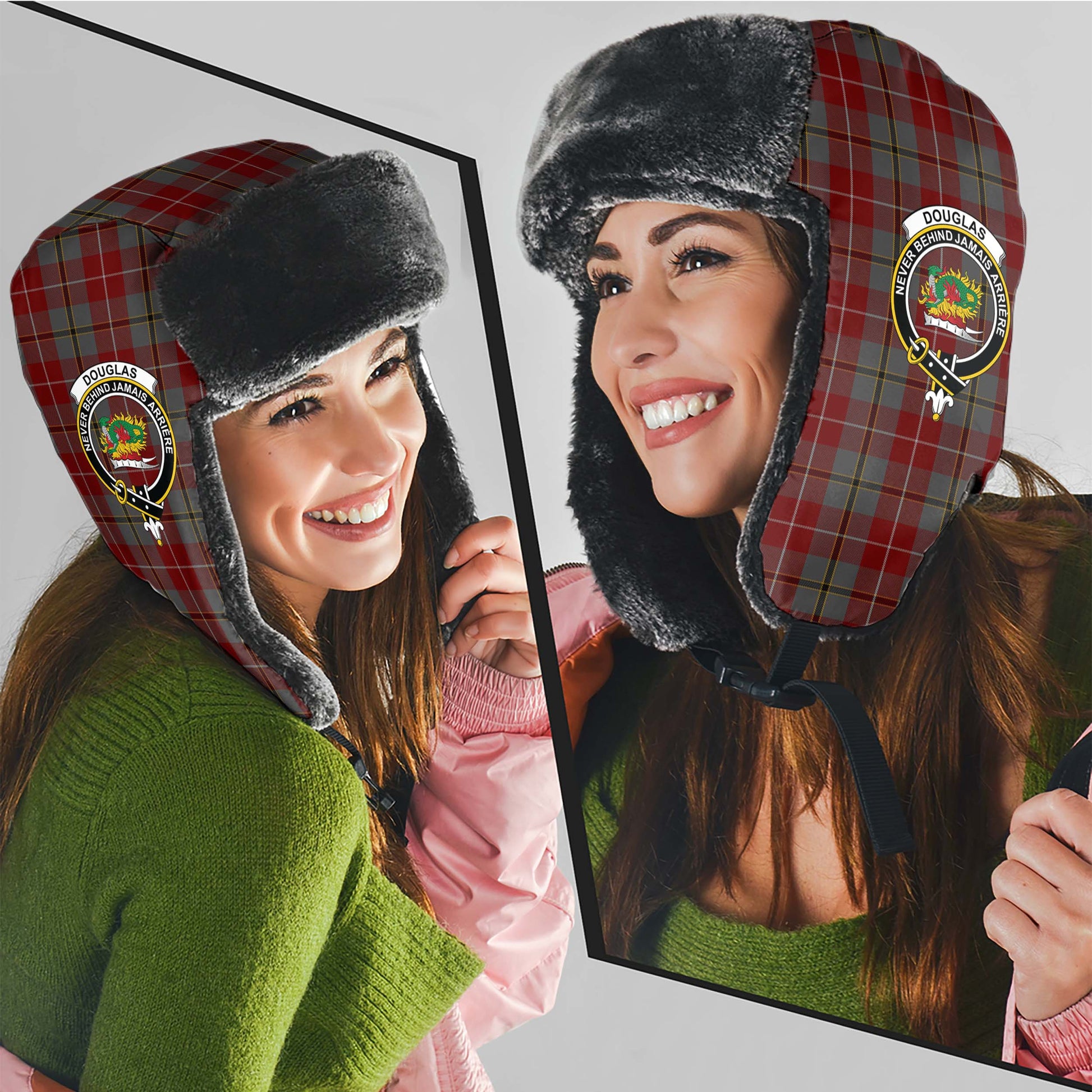 Douglas Ancient Red Tartan Winter Trapper Hat with Family Crest - Tartanvibesclothing