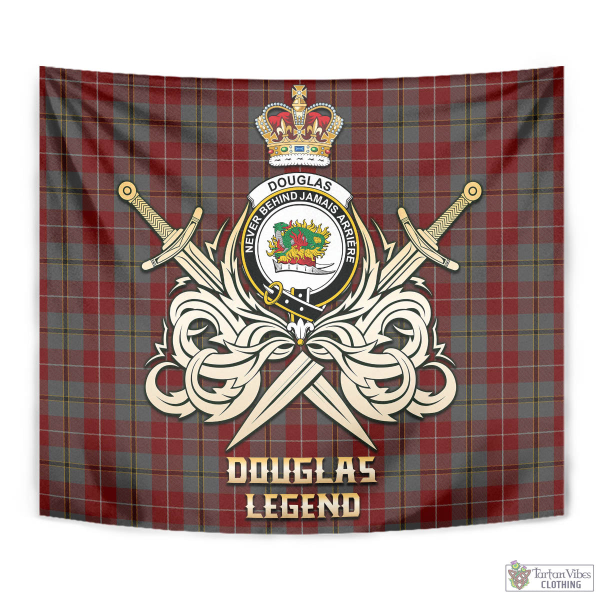 Tartan Vibes Clothing Douglas Ancient Red Tartan Tapestry with Clan Crest and the Golden Sword of Courageous Legacy