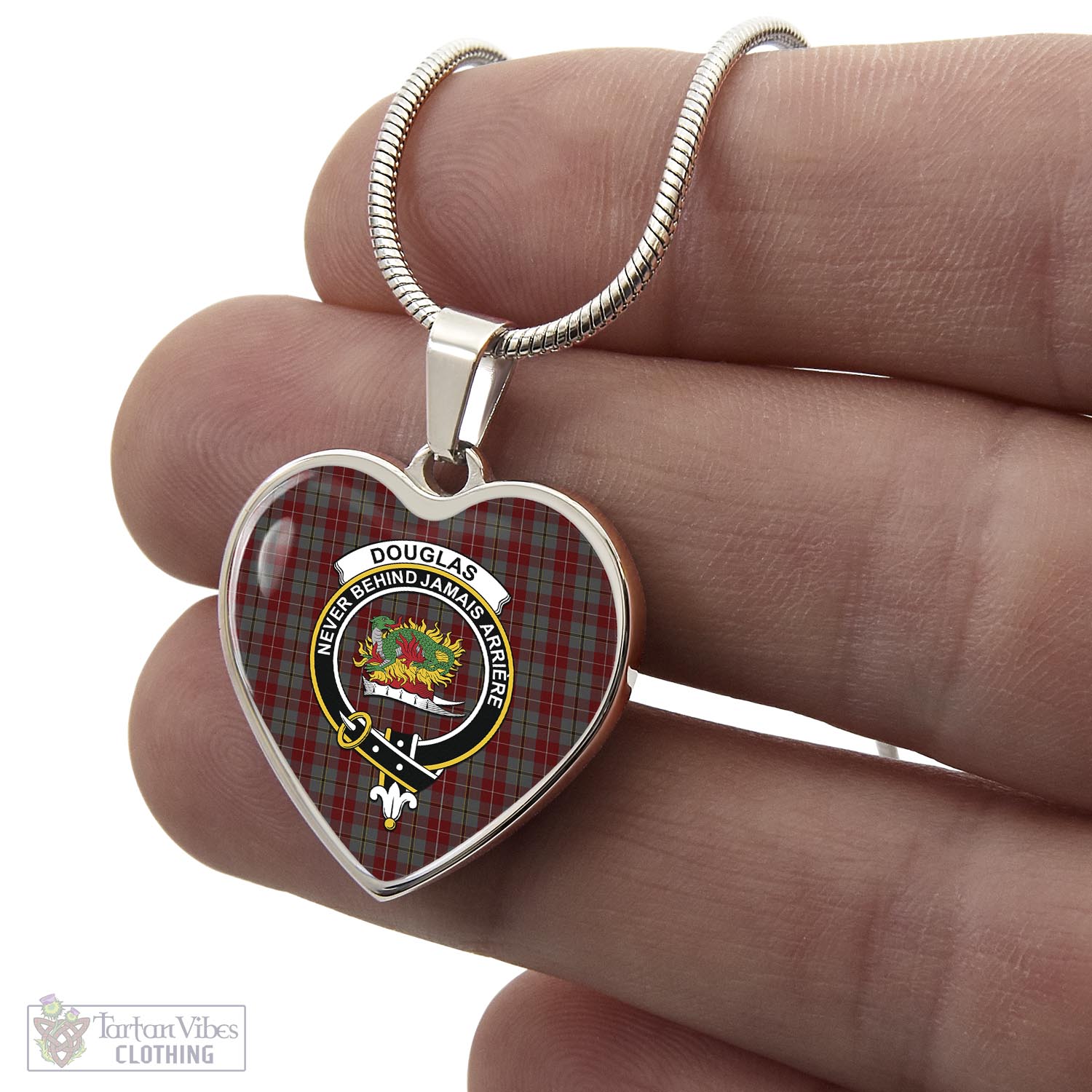 Tartan Vibes Clothing Douglas Ancient Red Tartan Heart Necklace with Family Crest