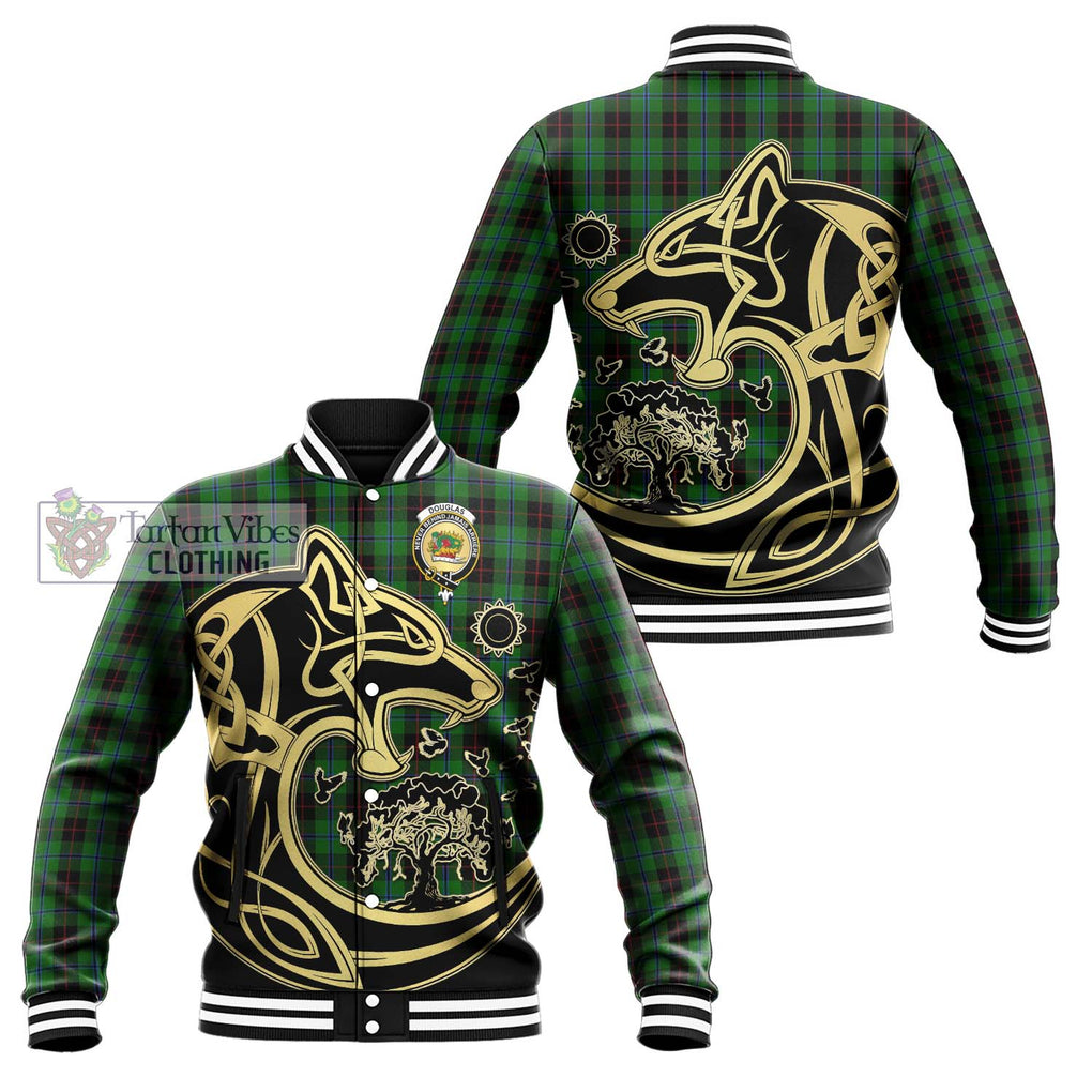 Douglas Black Tartan Baseball Jacket with Family Crest Celtic Wolf Style Unisex - Tartan Vibes Clothing