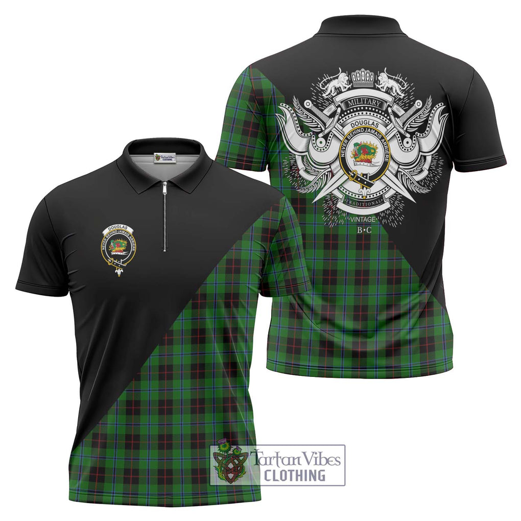 Douglas Black Tartan Zipper Polo Shirt with Family Crest and Military Logo Style Unisex - Tartanvibesclothing Shop