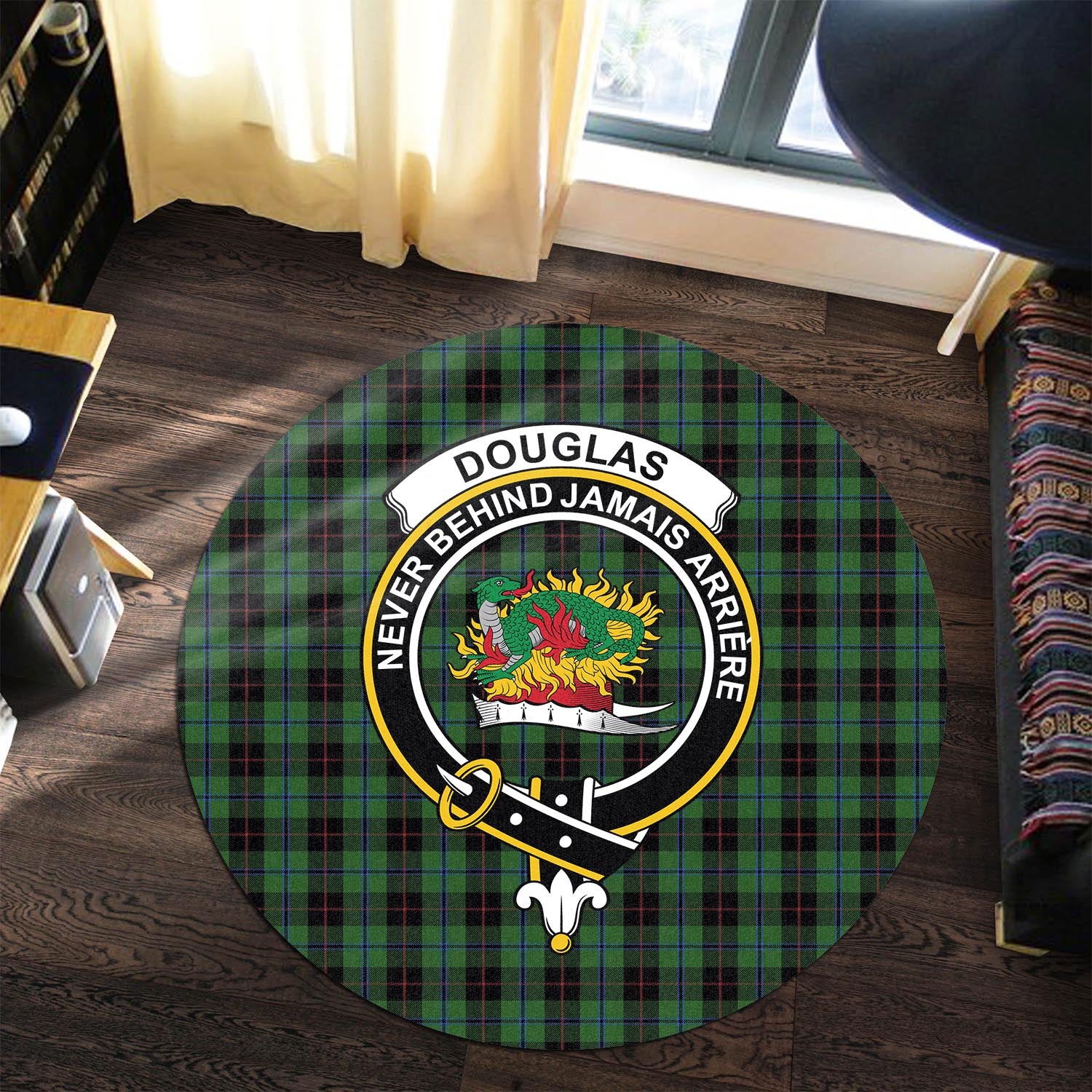 Douglas Black Tartan Round Rug with Family Crest - Tartanvibesclothing