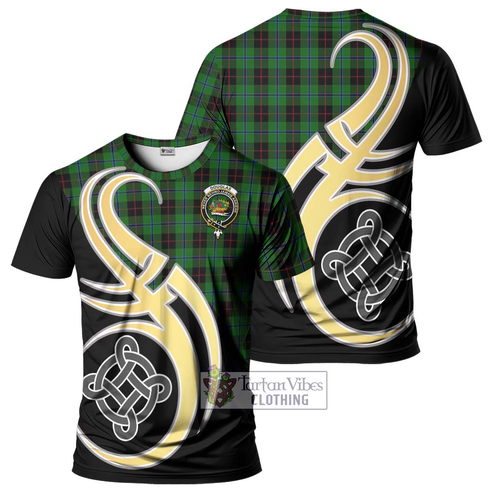 Tartan Vibes Clothing Douglas Black Tartan T-Shirt with Family Crest and Celtic Symbol Style