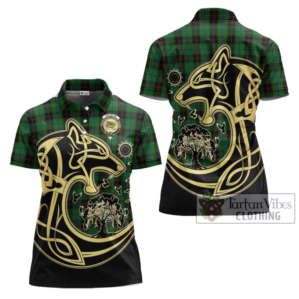 Douglas Black Tartan Women's Polo Shirt with Family Crest Celtic Wolf Style Women - Tartanvibesclothing Shop