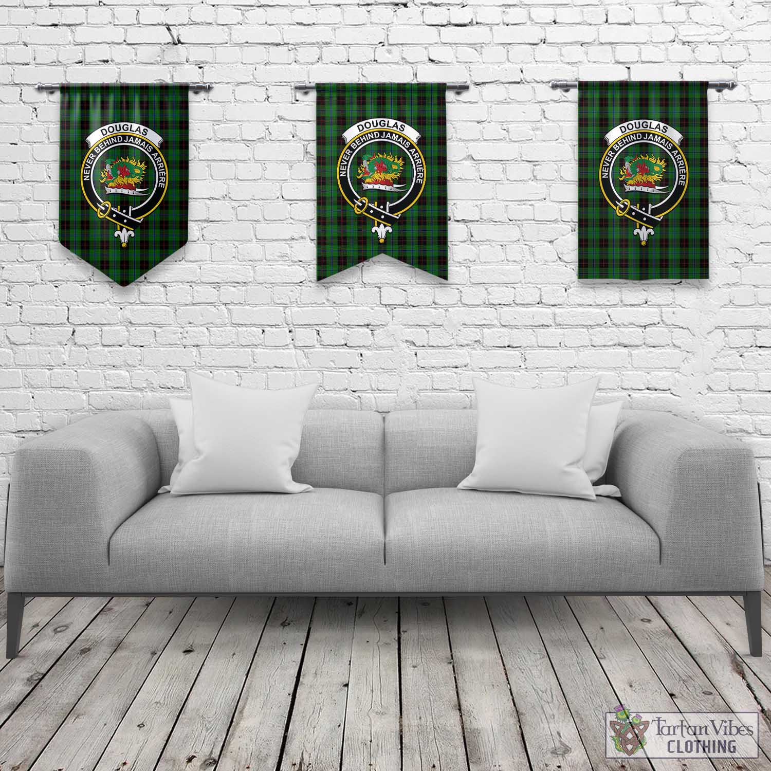 Tartan Vibes Clothing Douglas Black Tartan Gonfalon, Tartan Banner with Family Crest