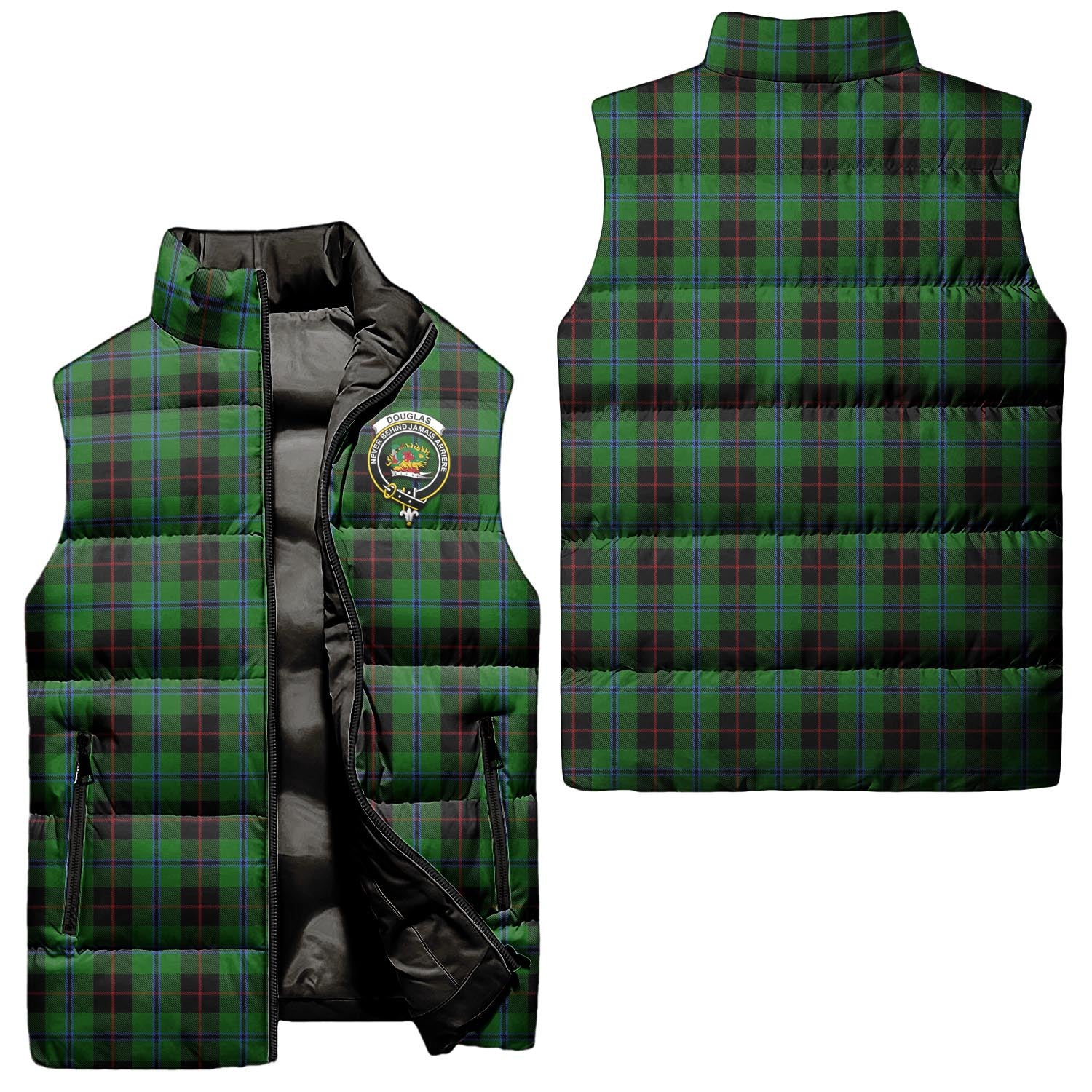 Douglas Black Tartan Sleeveless Puffer Jacket with Family Crest Unisex - Tartanvibesclothing