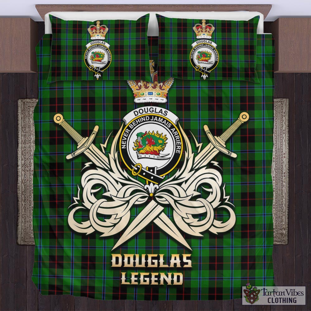 Tartan Vibes Clothing Douglas Black Tartan Bedding Set with Clan Crest and the Golden Sword of Courageous Legacy