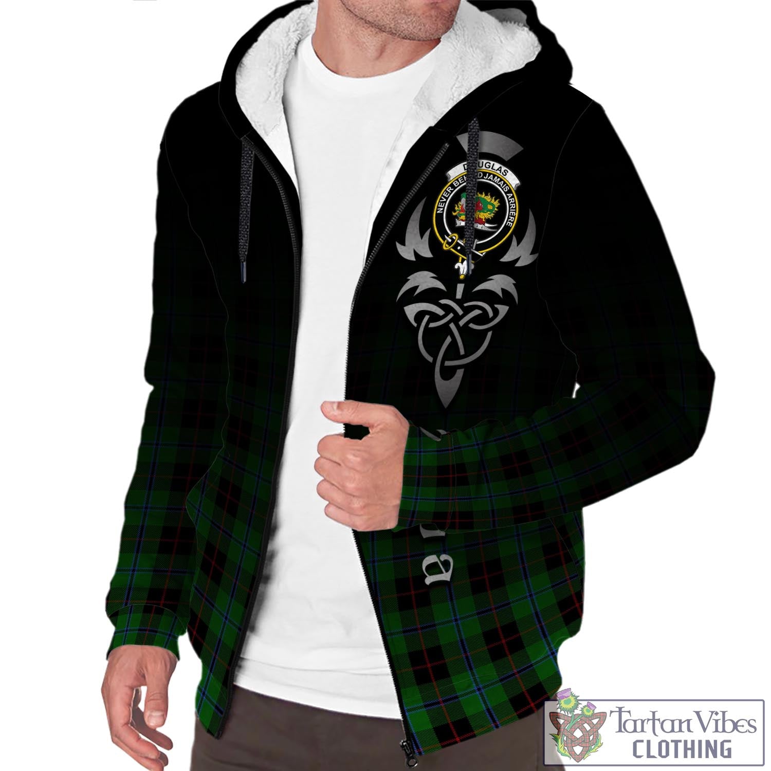 Tartan Vibes Clothing Douglas Black Tartan Sherpa Hoodie Featuring Alba Gu Brath Family Crest Celtic Inspired