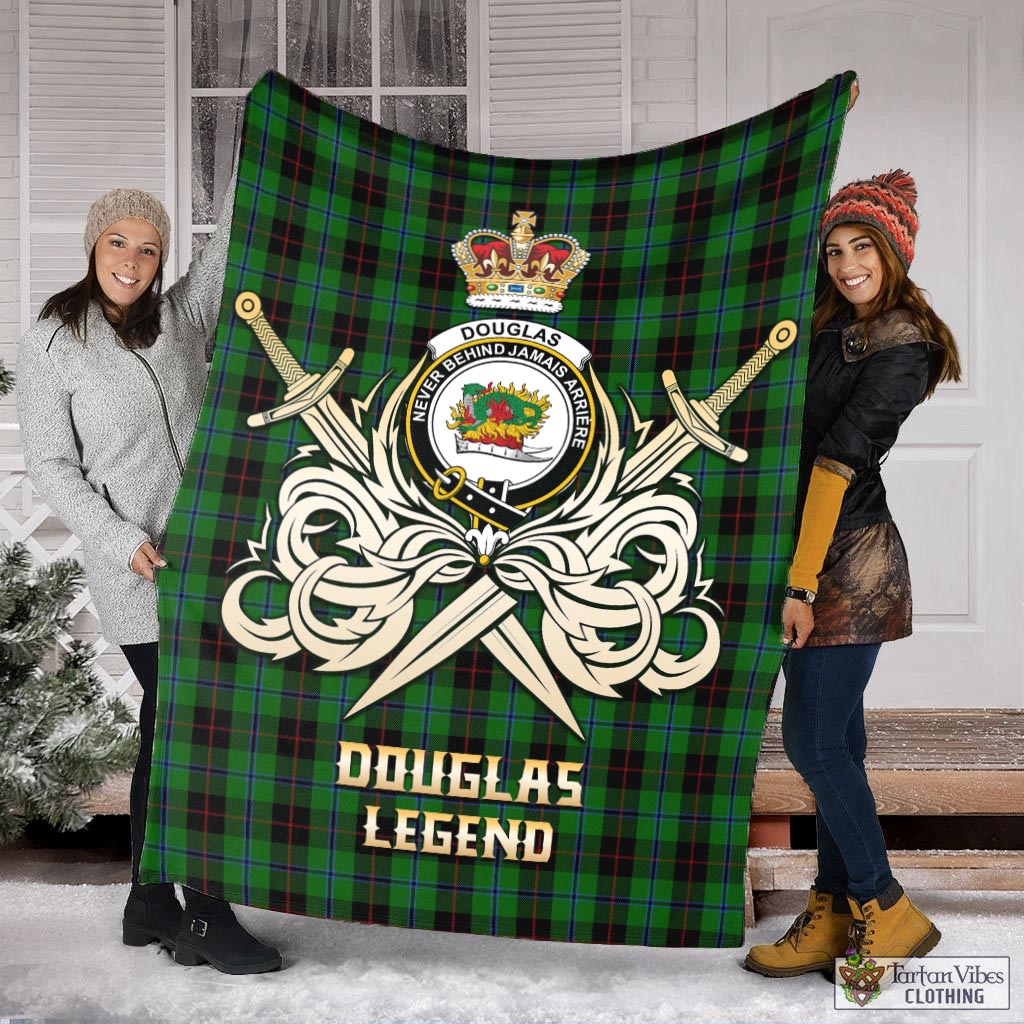 Tartan Vibes Clothing Douglas Black Tartan Blanket with Clan Crest and the Golden Sword of Courageous Legacy