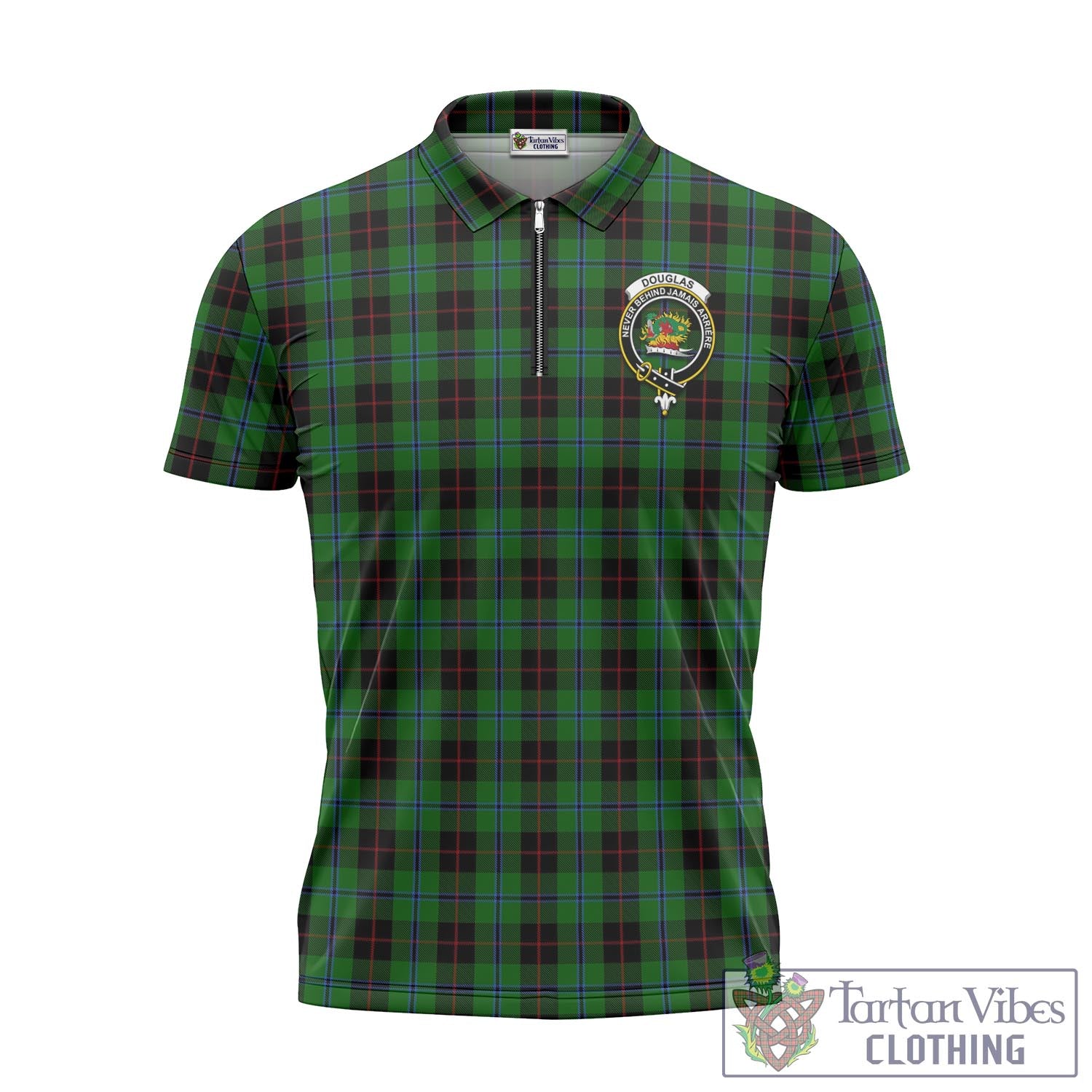 Tartan Vibes Clothing Douglas Black Tartan Zipper Polo Shirt with Family Crest