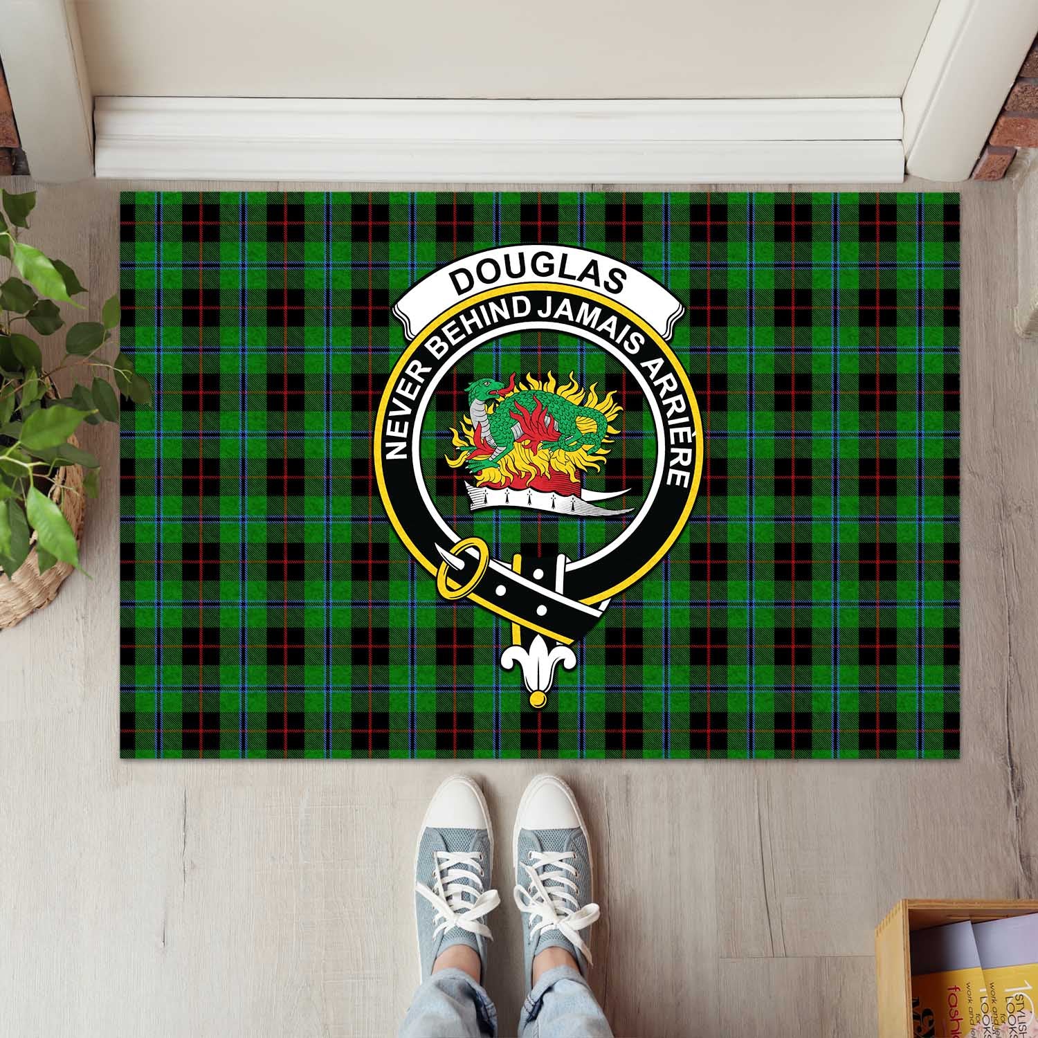 Douglas Black Tartan Door Mat with Family Crest - Tartanvibesclothing