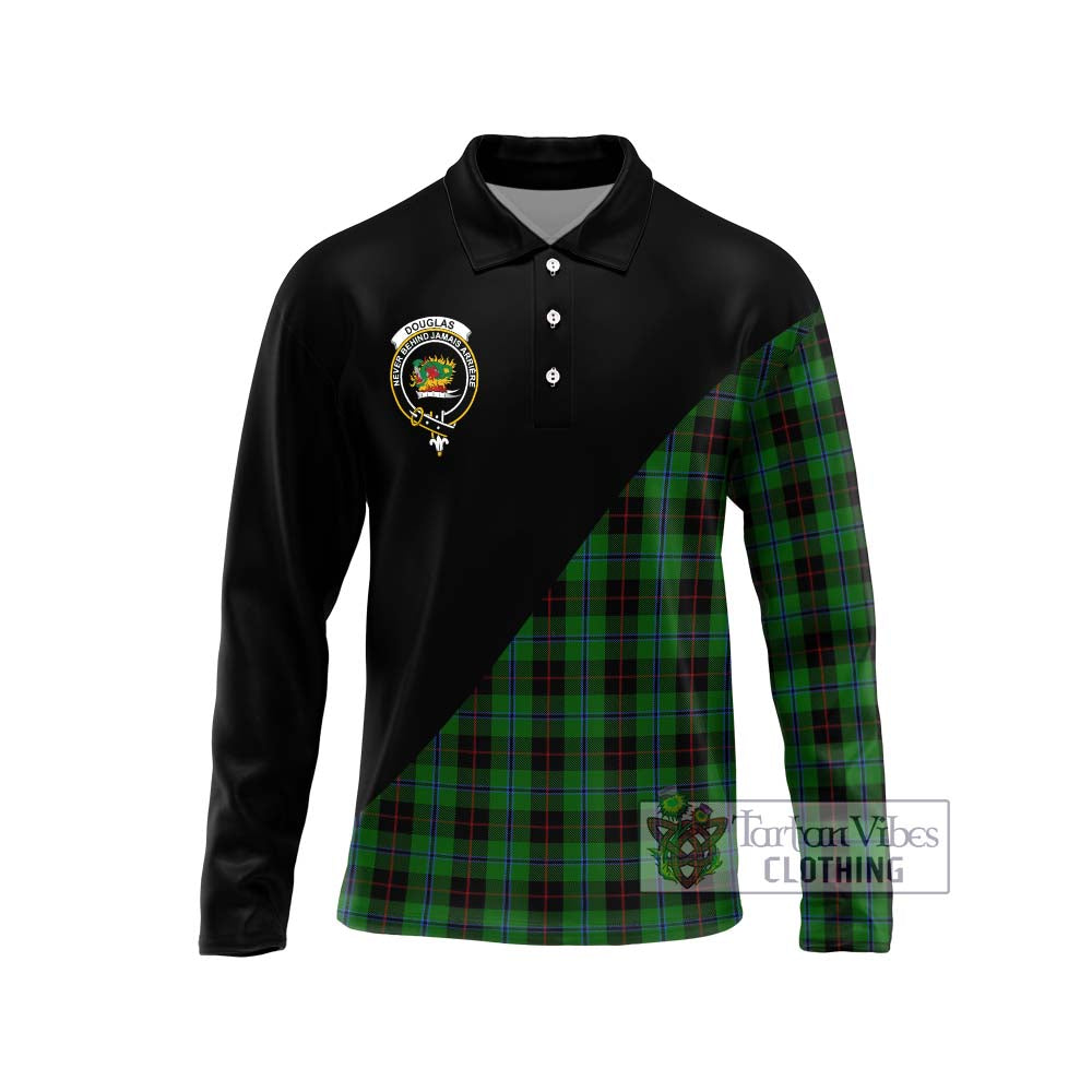 Douglas Black Tartan Long Sleeve Polo Shirt with Family Crest and Military Logo Style Unisex - Tartanvibesclothing Shop