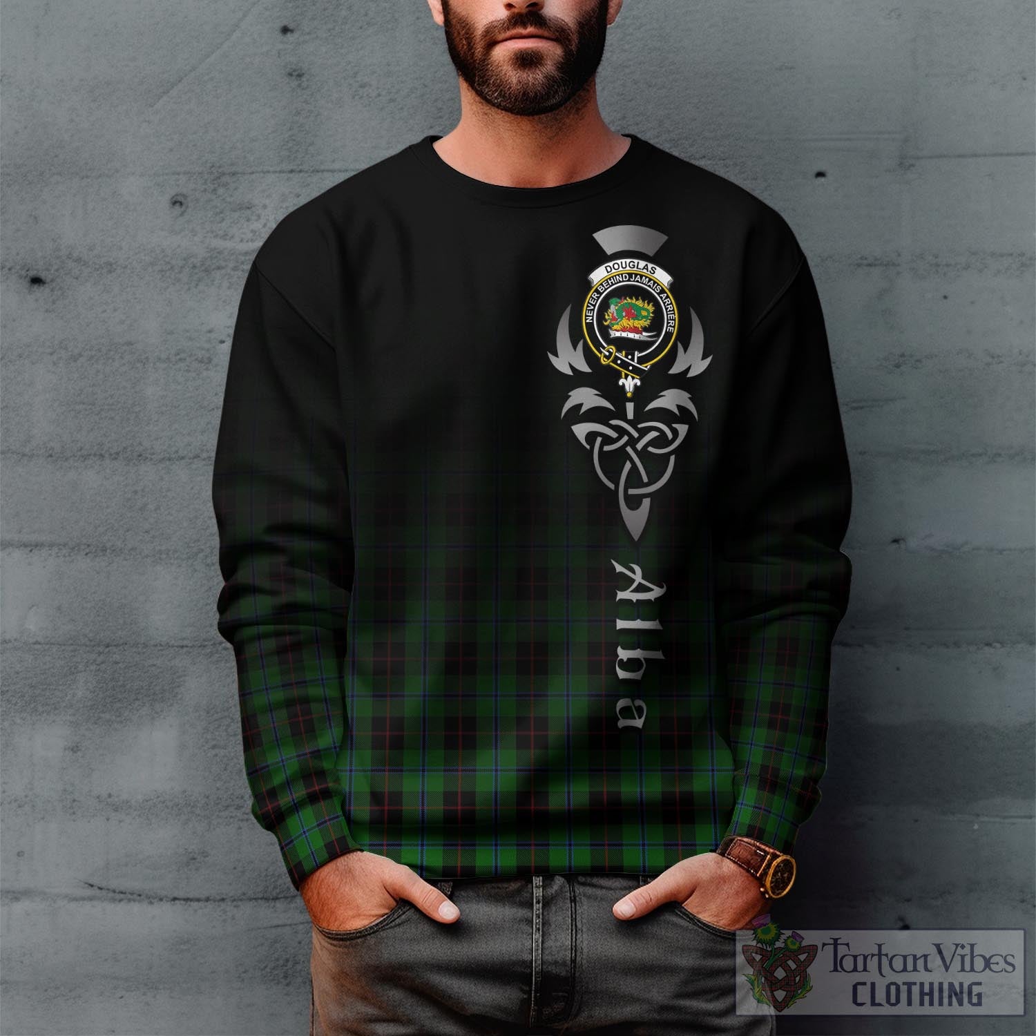 Tartan Vibes Clothing Douglas Black Tartan Sweatshirt Featuring Alba Gu Brath Family Crest Celtic Inspired