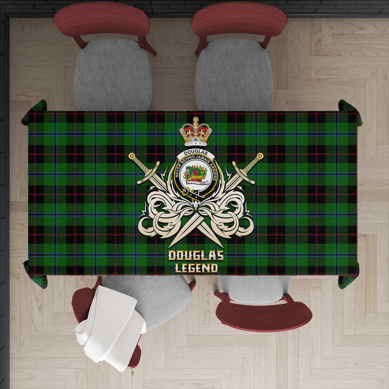 Tartan Vibes Clothing Douglas Black Tartan Tablecloth with Clan Crest and the Golden Sword of Courageous Legacy