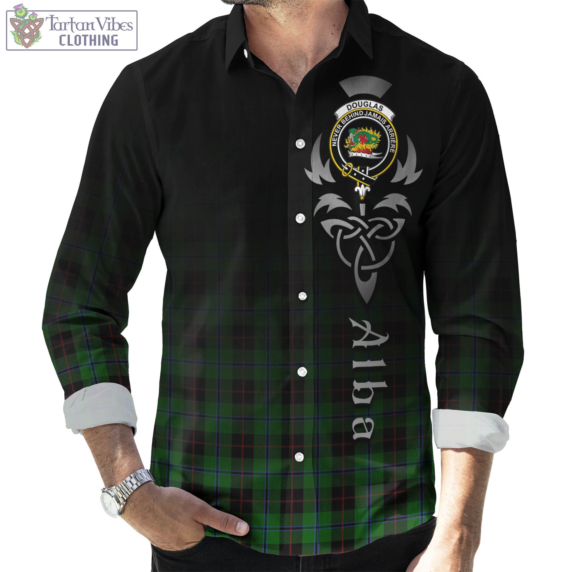 Tartan Vibes Clothing Douglas Black Tartan Long Sleeve Button Up Featuring Alba Gu Brath Family Crest Celtic Inspired