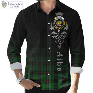 Douglas Black Tartan Long Sleeve Button Up Featuring Alba Gu Brath Family Crest Celtic Inspired