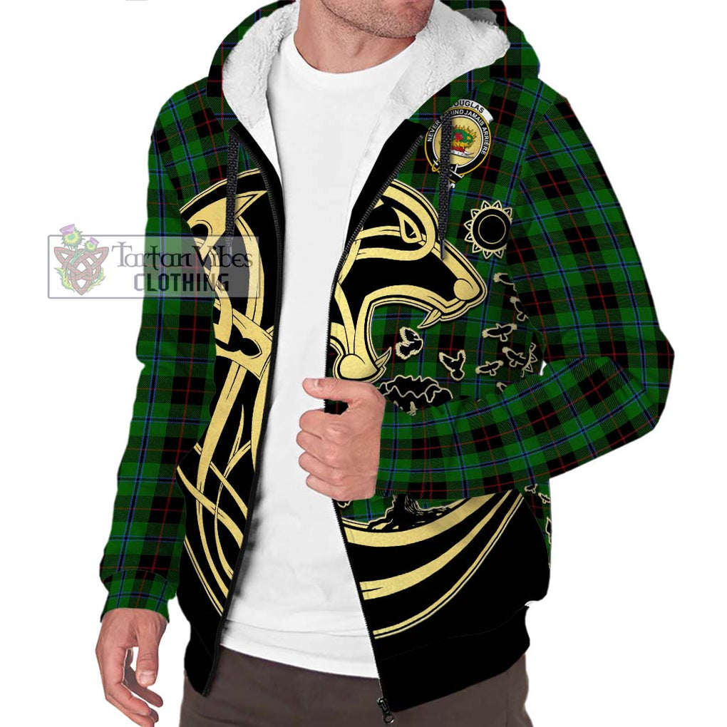 Douglas Black Tartan Sherpa Hoodie with Family Crest Celtic Wolf Style Unisex S - Tartan Vibes Clothing