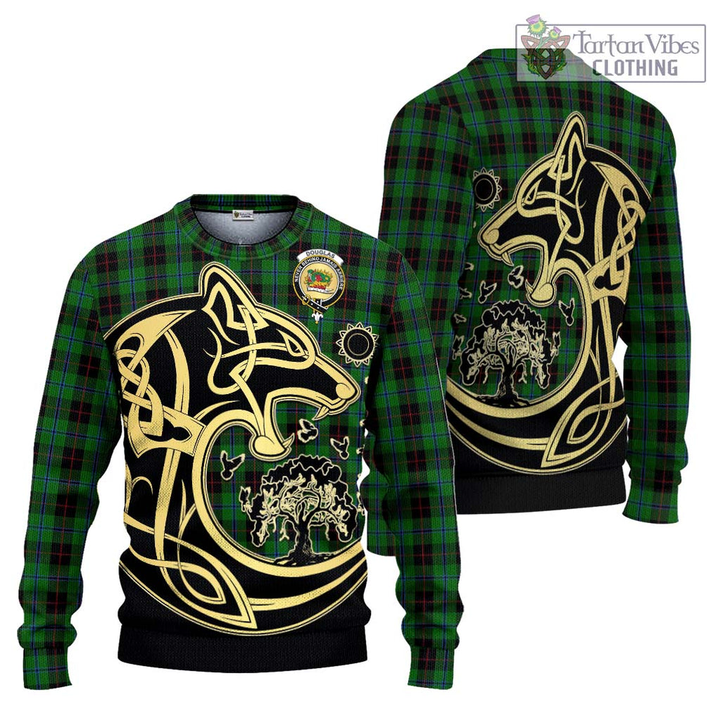 Douglas Black Tartan Knitted Sweater with Family Crest Celtic Wolf Style Unisex - Tartan Vibes Clothing