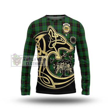 Douglas Black Tartan Long Sleeve T-Shirt with Family Crest Celtic Wolf Style