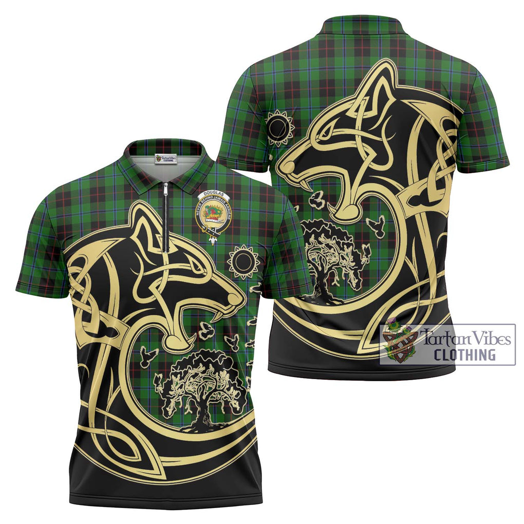 Douglas Black Tartan Zipper Polo Shirt with Family Crest Celtic Wolf Style Unisex - Tartanvibesclothing Shop