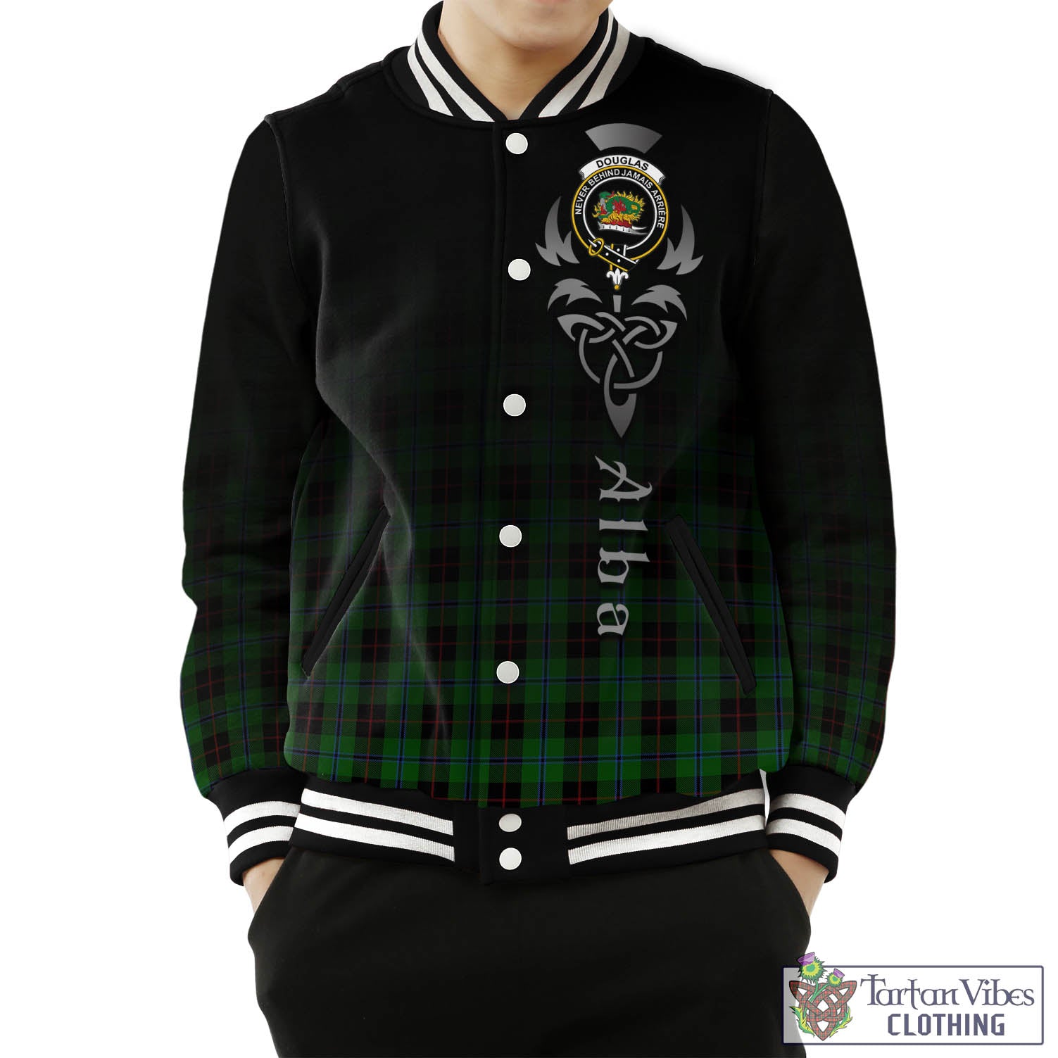 Tartan Vibes Clothing Douglas Black Tartan Baseball Jacket Featuring Alba Gu Brath Family Crest Celtic Inspired