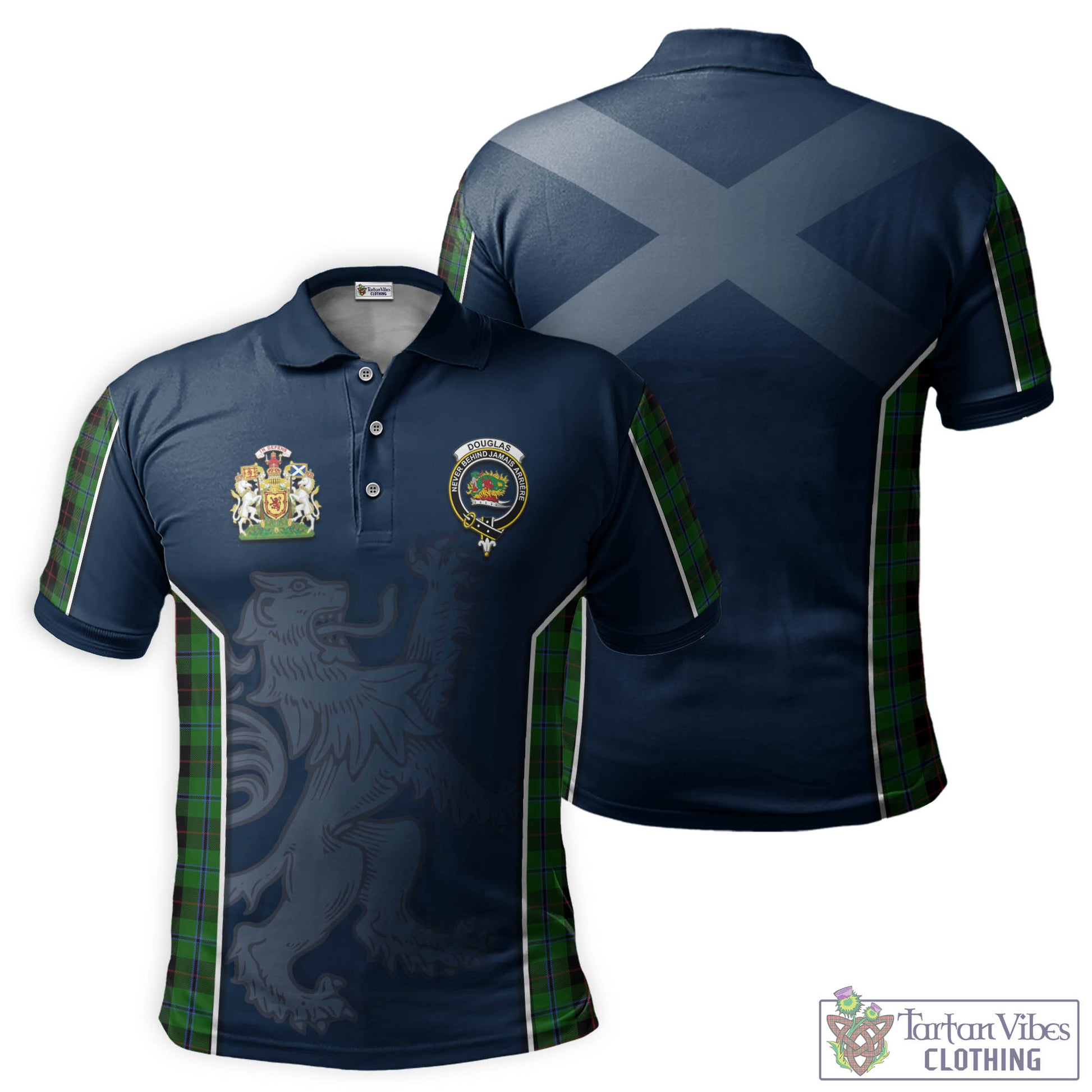 Tartan Vibes Clothing Douglas Black Tartan Men's Polo Shirt with Family Crest and Lion Rampant Vibes Sport Style