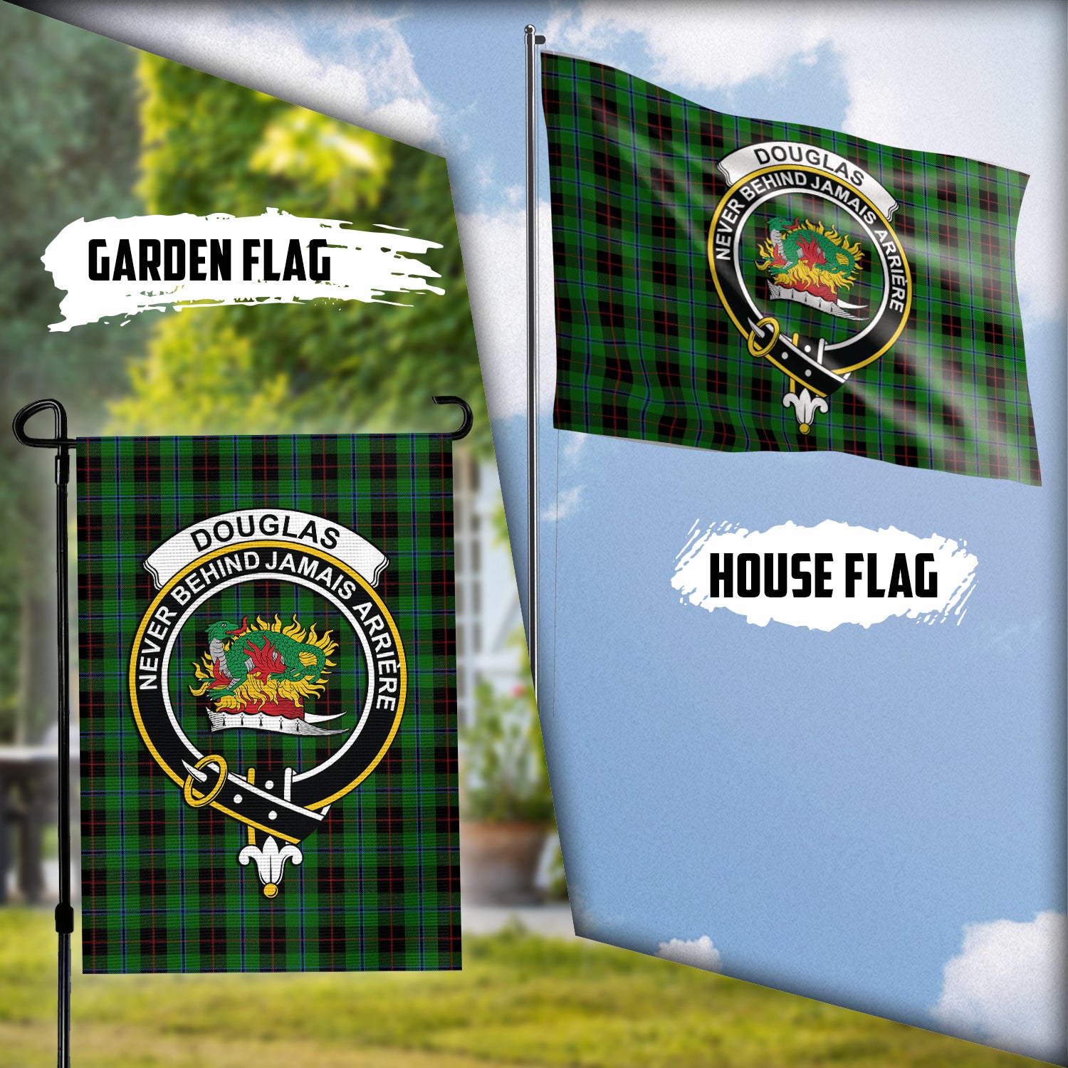 Douglas Black Tartan Flag with Family Crest Garden Flag (Vertical) - Tartan Vibes Clothing