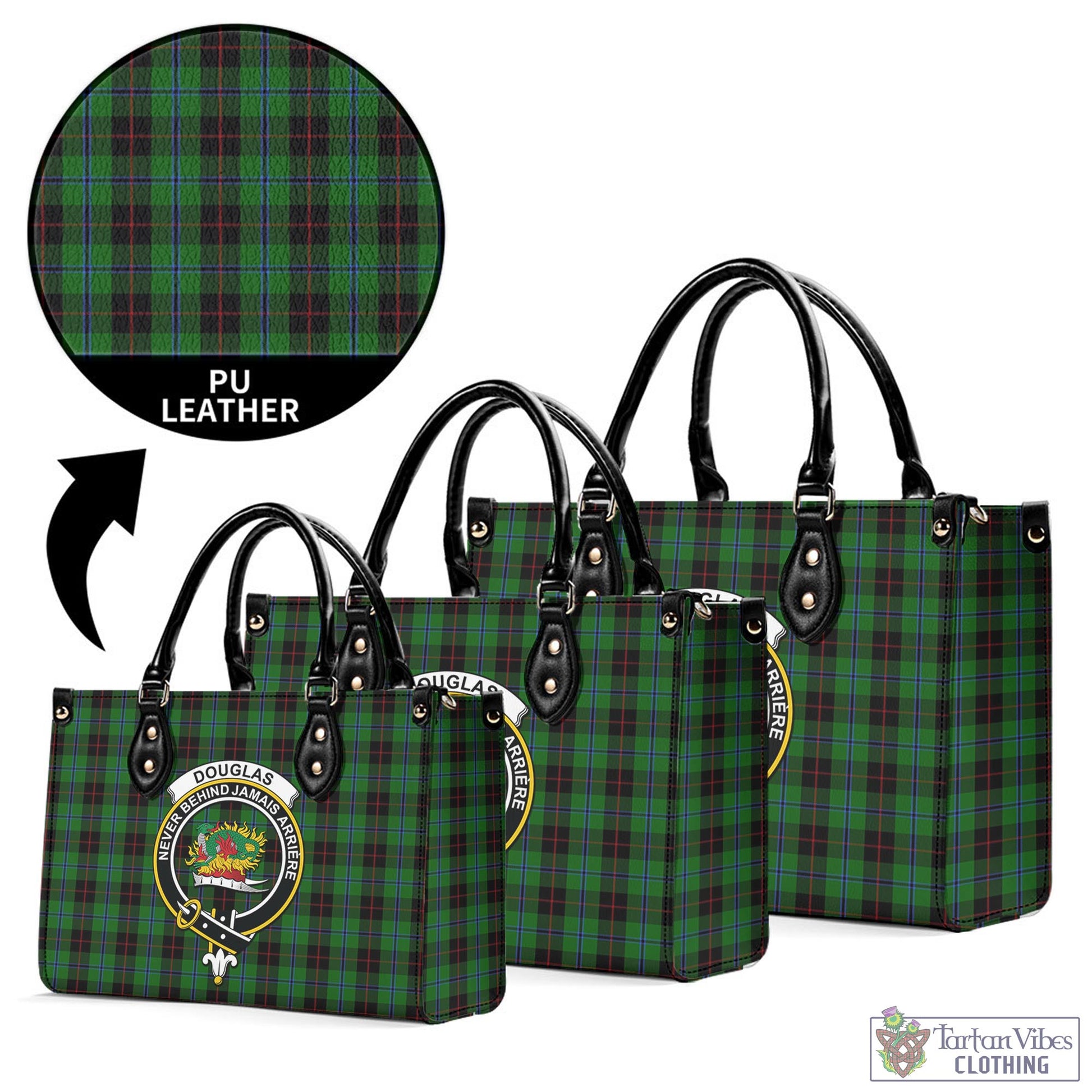 Tartan Vibes Clothing Douglas Black Tartan Luxury Leather Handbags with Family Crest